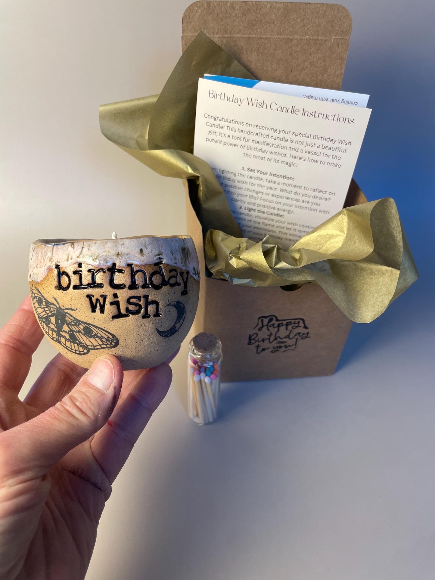 Handmade ceramic pink Birthday Wish candle with wish ritual