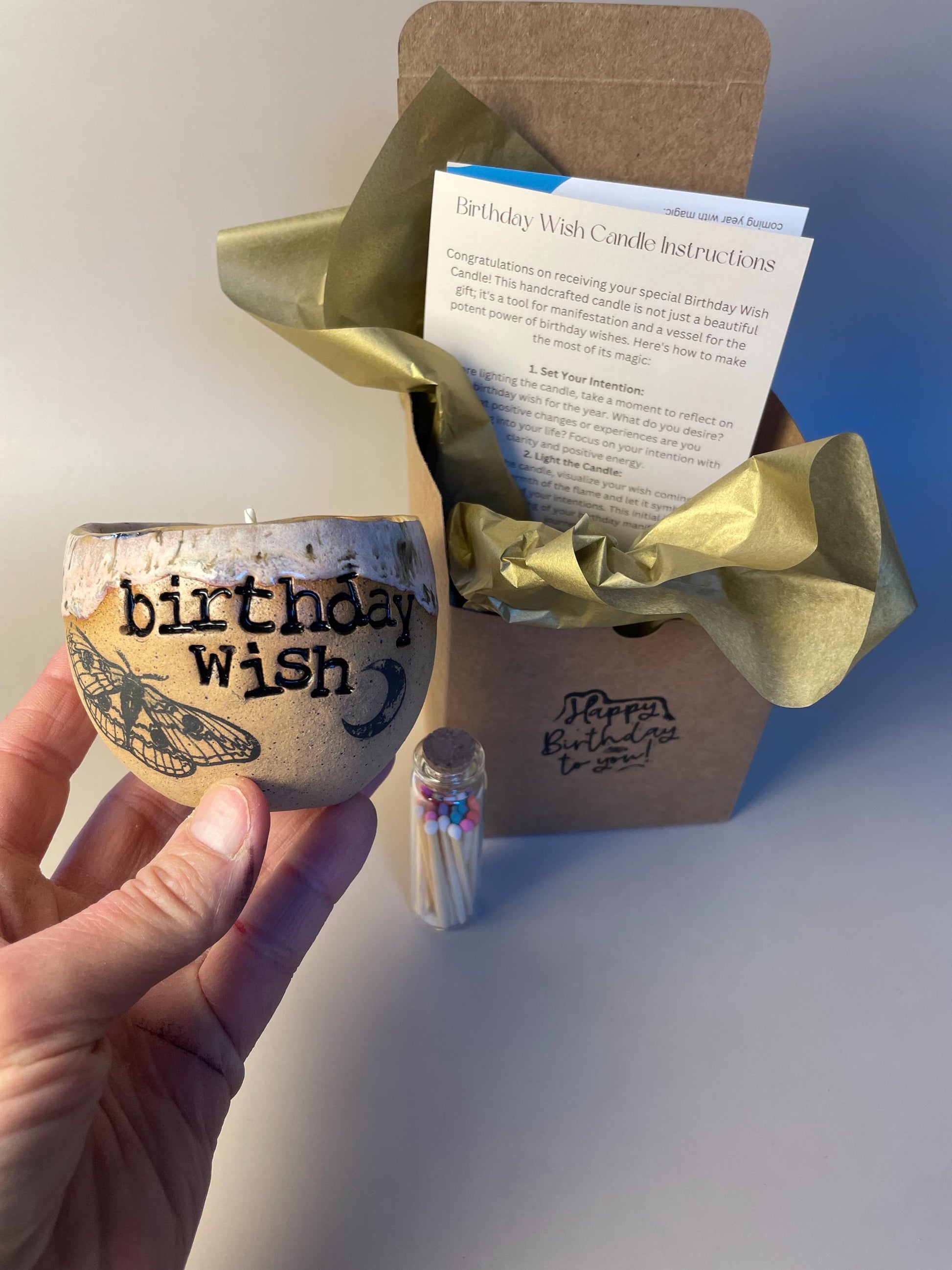 Handmade ceramic pink Birthday Wish candle with wish ritual