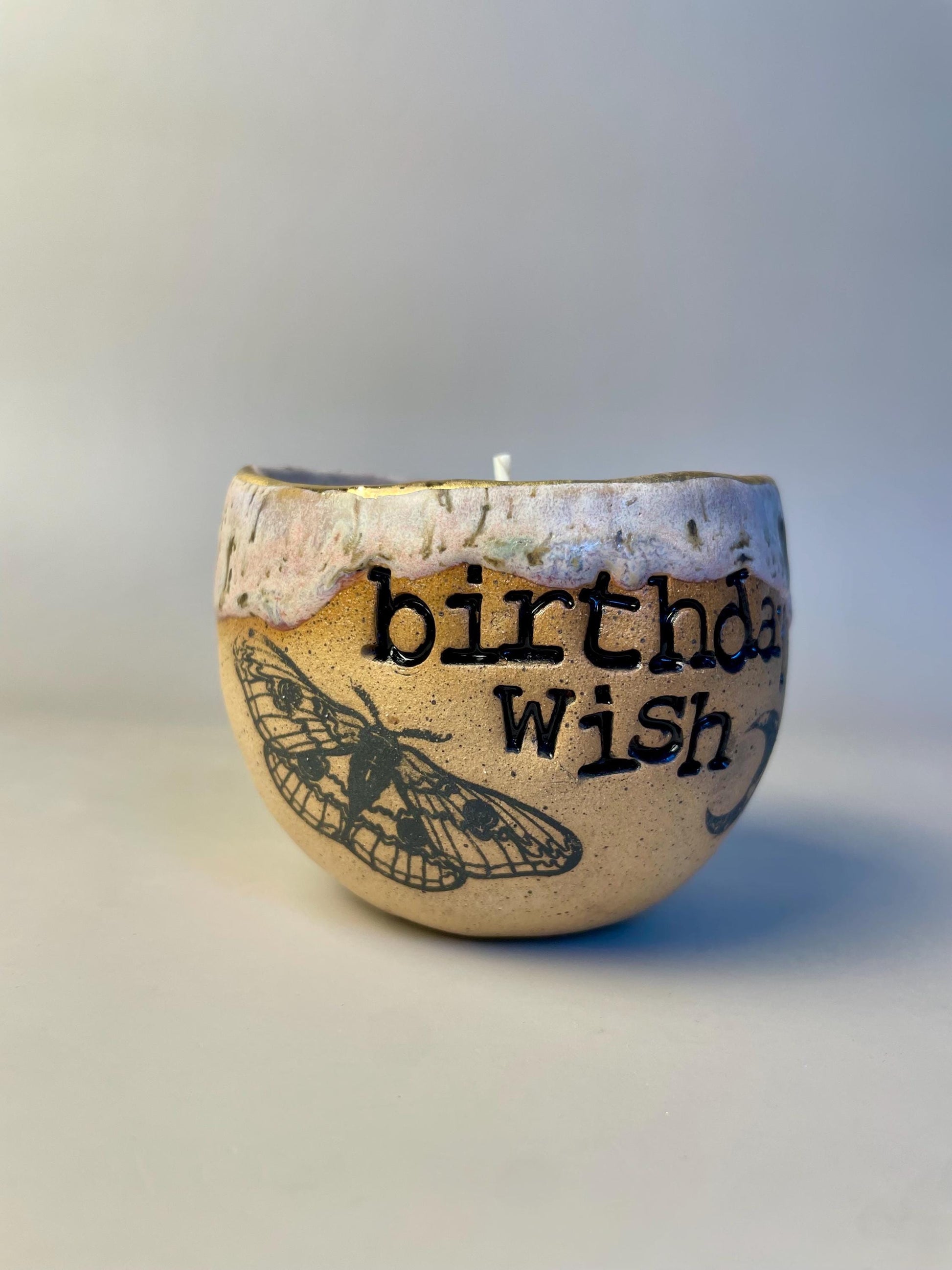 Handmade ceramic pink Birthday Wish candle with wish ritual