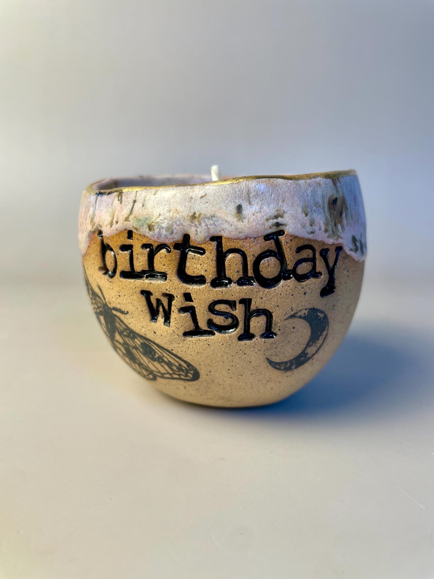 Handmade ceramic pink Birthday Wish candle with wish ritual