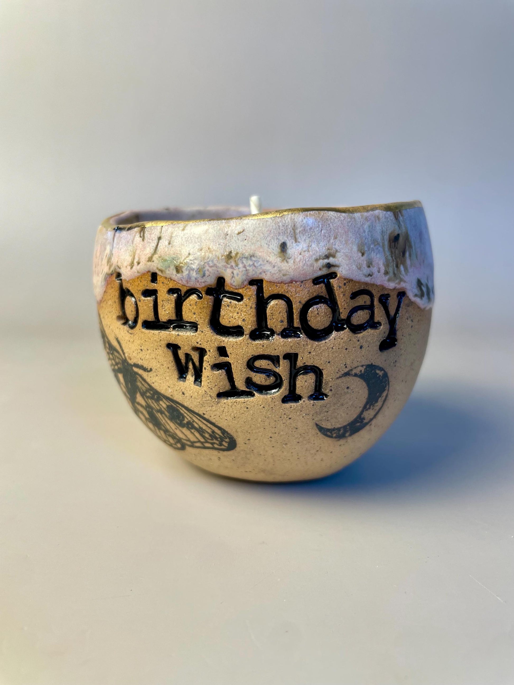 Handmade ceramic pink Birthday Wish candle with wish ritual