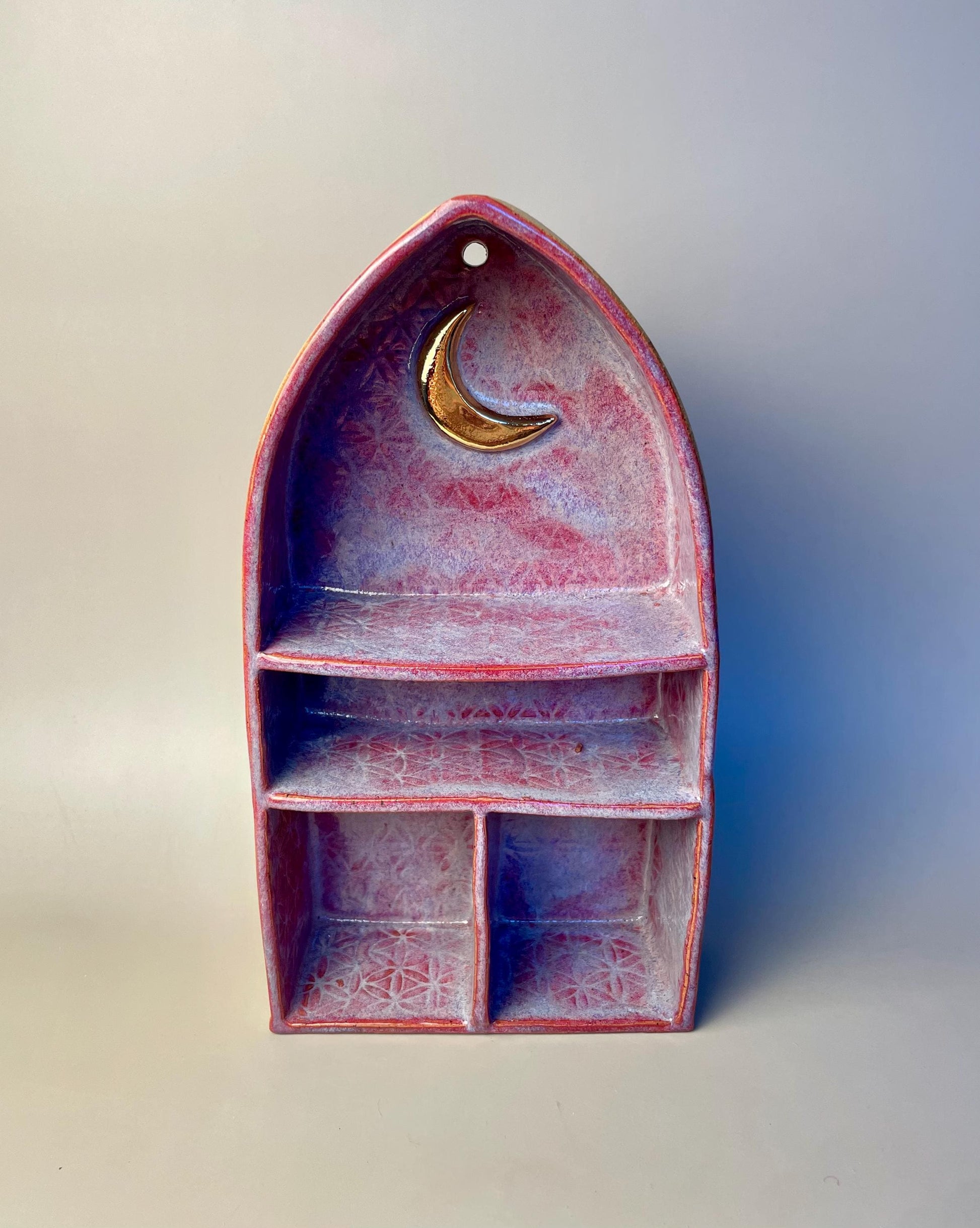 Handmade Ceramic Pink Altar Shelf with Flower of Life & Gold Crescent Moon