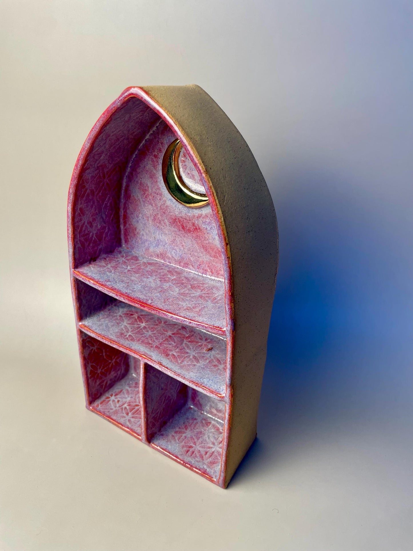 Handmade Ceramic Pink Altar Shelf with Flower of Life & Gold Crescent Moon