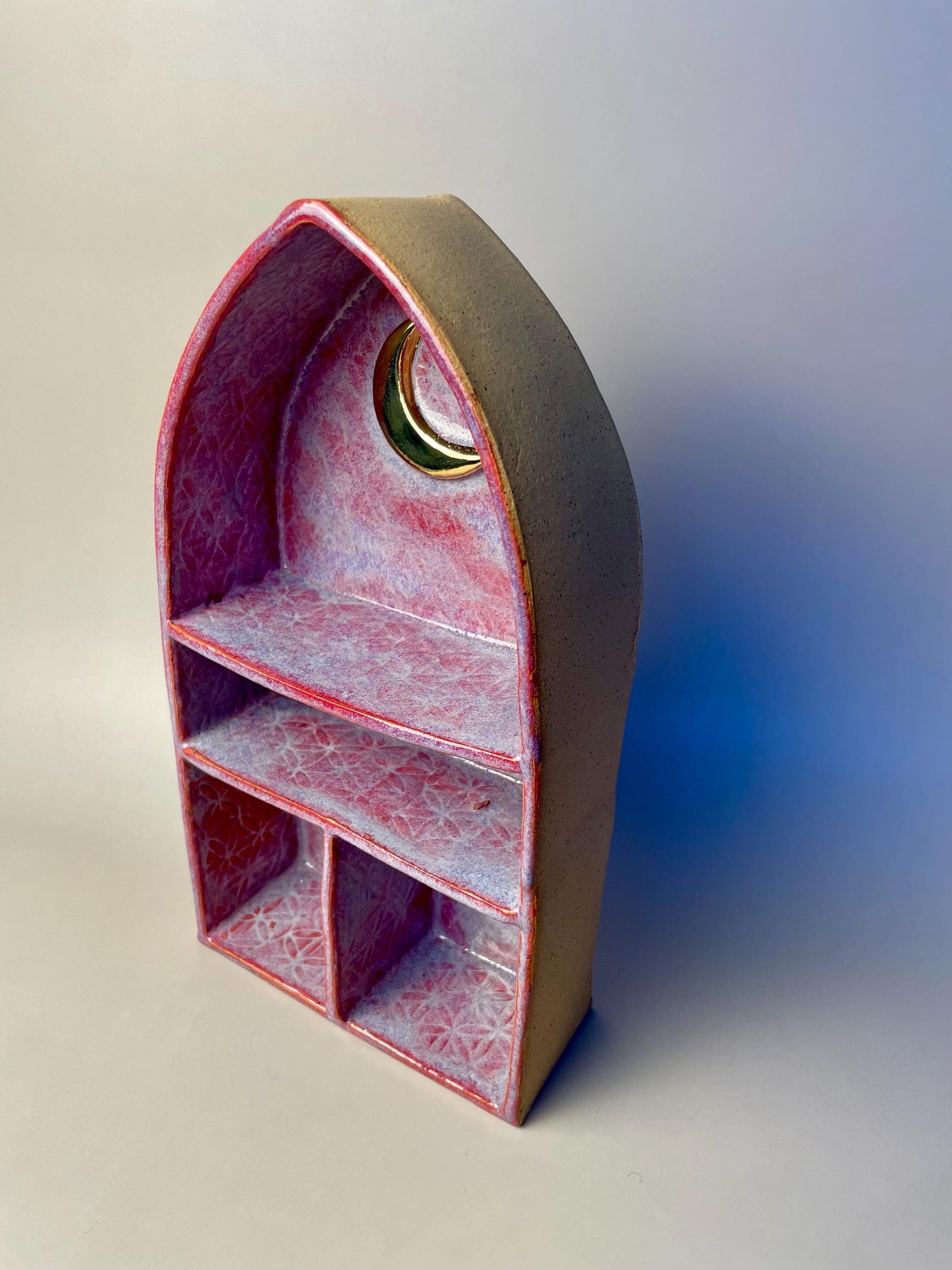 Handmade Ceramic Pink Altar Shelf with Flower of Life & Gold Crescent Moon