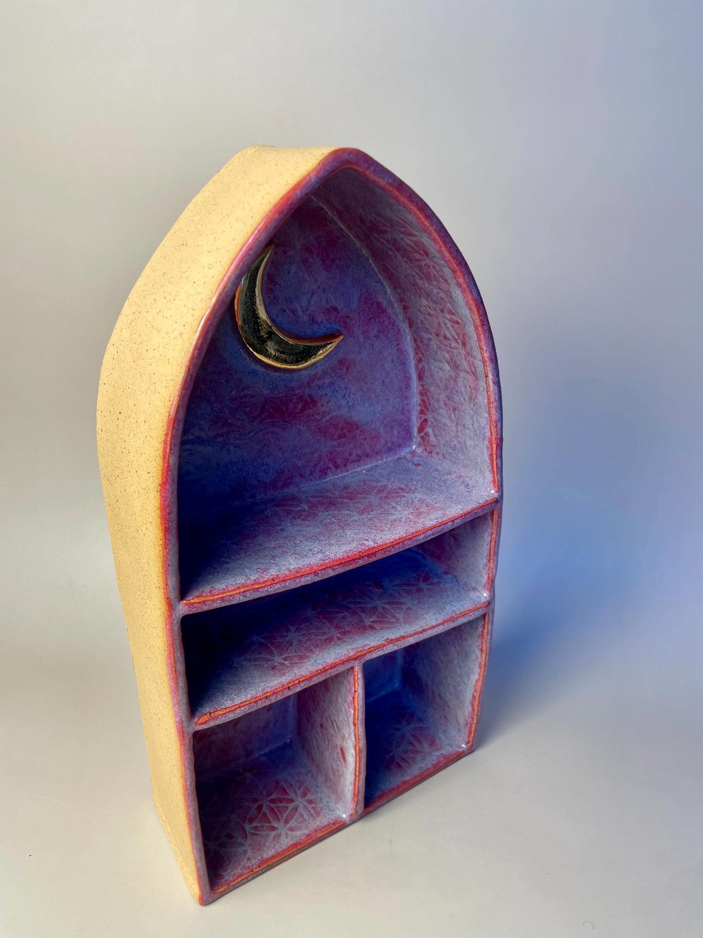 Handmade Ceramic Pink Altar Shelf with Flower of Life & Gold Crescent Moon