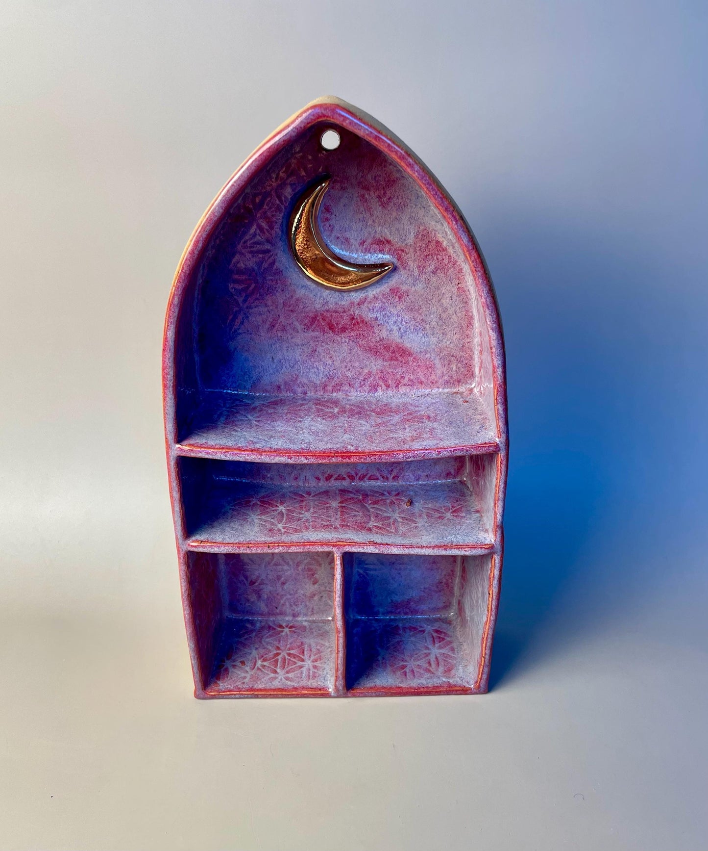 Handmade Ceramic Pink Altar Shelf with Flower of Life & Gold Crescent Moon