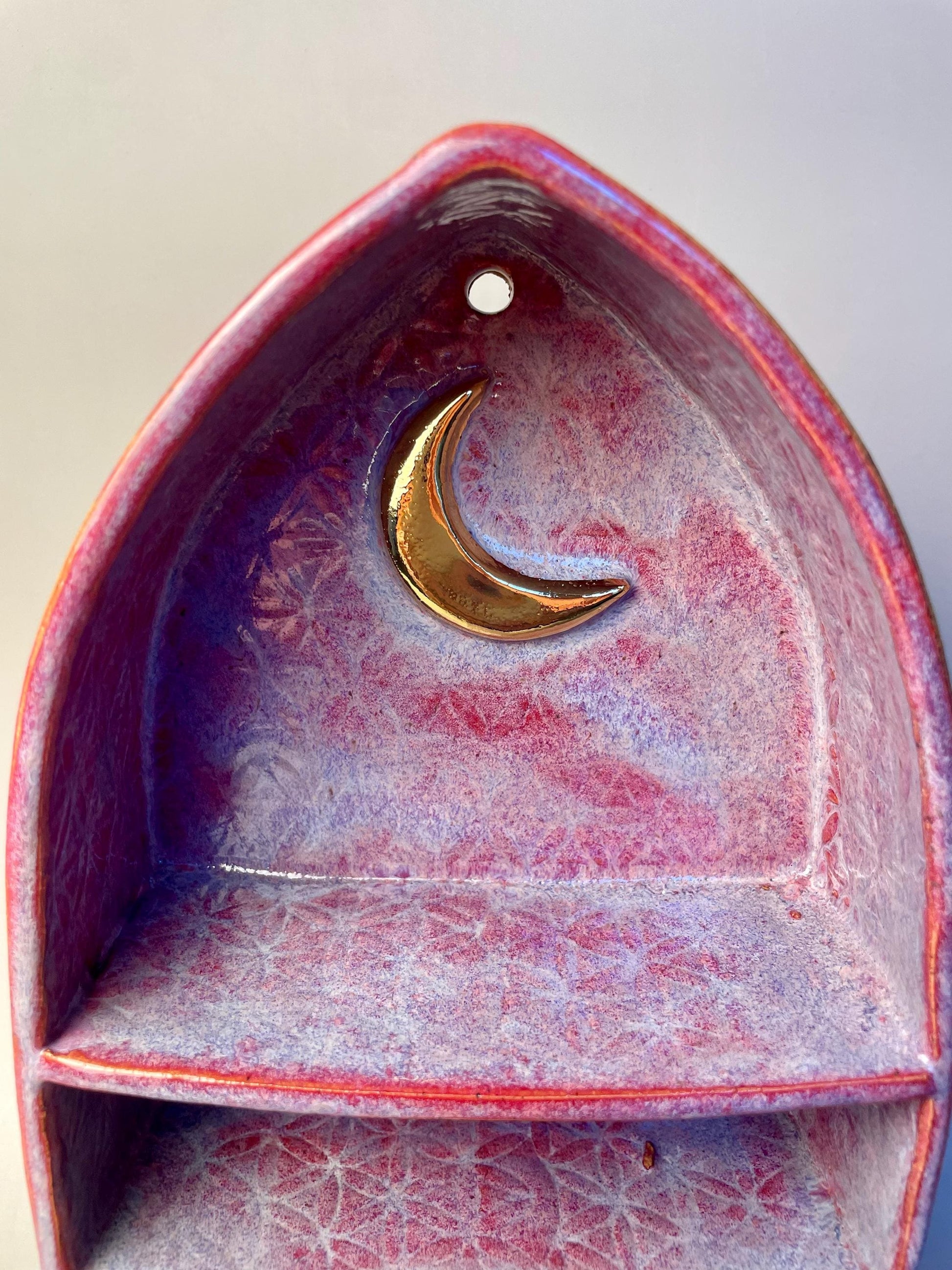 Handmade Ceramic Pink Altar Shelf with Flower of Life & Gold Crescent Moon