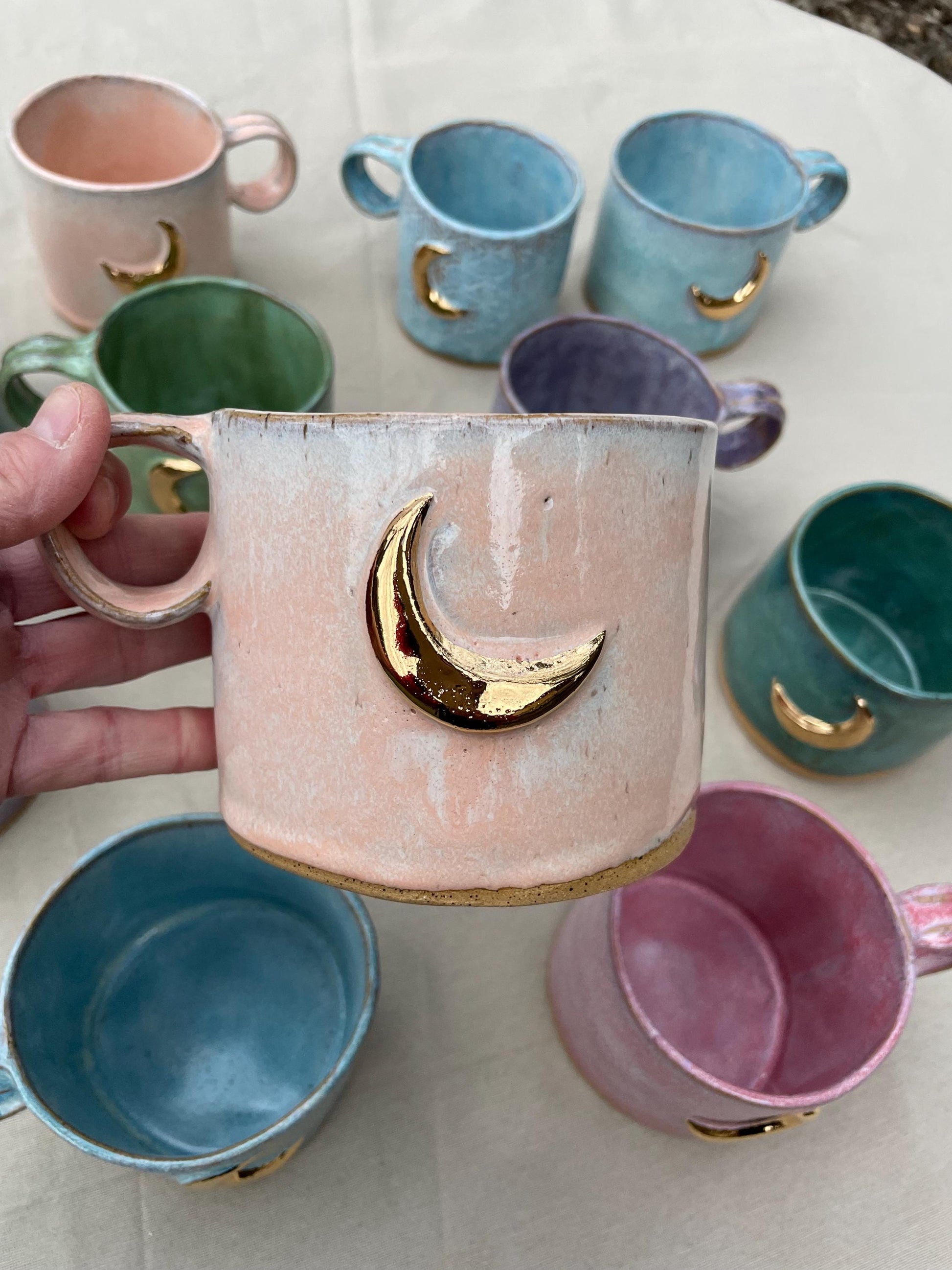 Handmade large peach gold moon ceramic mug