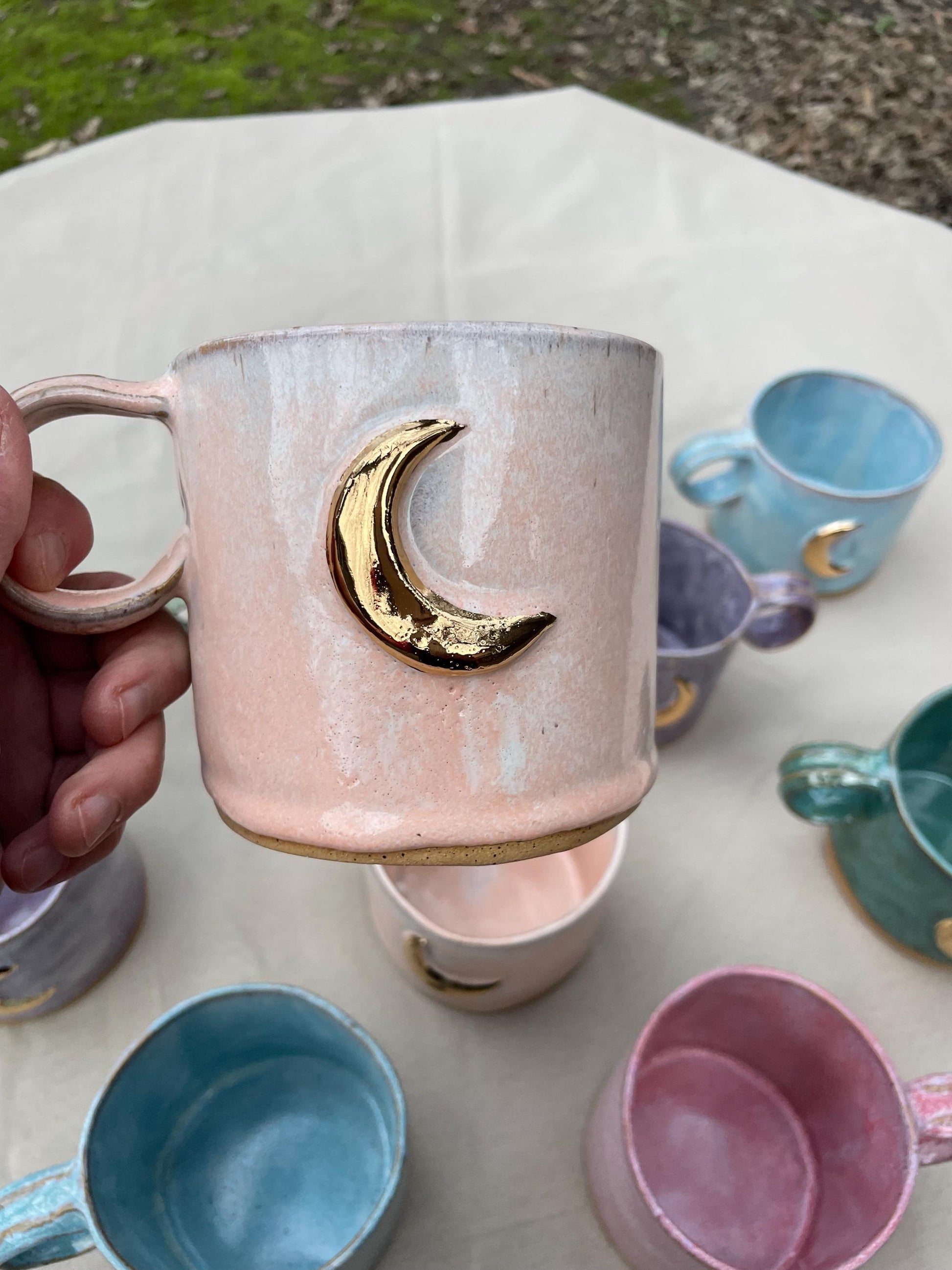 Handmade large peach gold moon ceramic mug