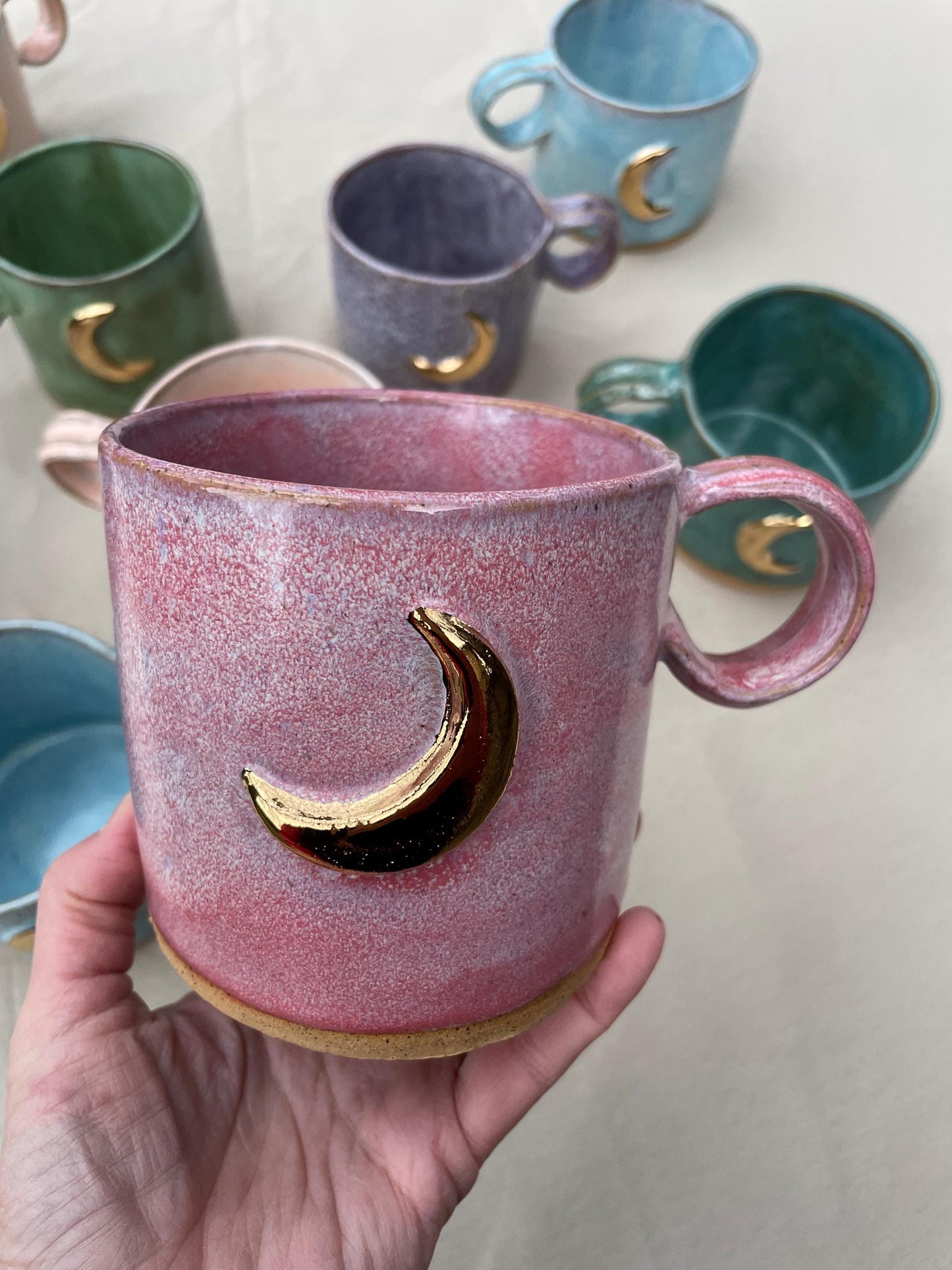 Handmade large raspberry gold moon mug