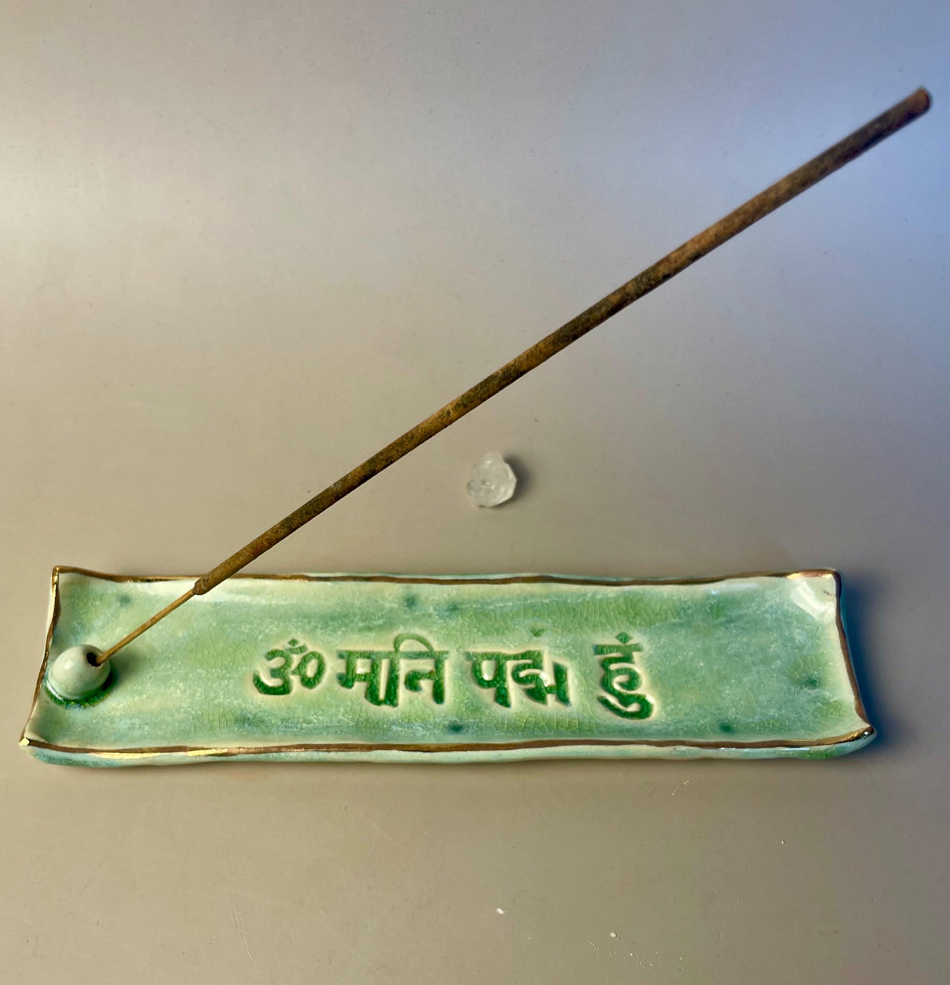 Handmade Om Mani Padme Hum green Ceramic Incense Holder