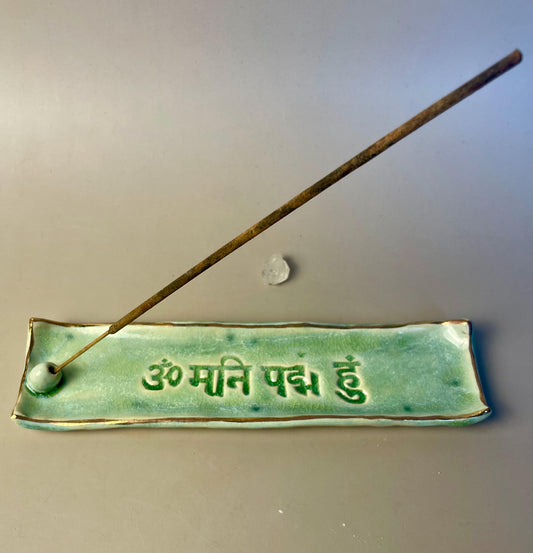 Handmade Om Mani Padme Hum green Ceramic Incense Holder