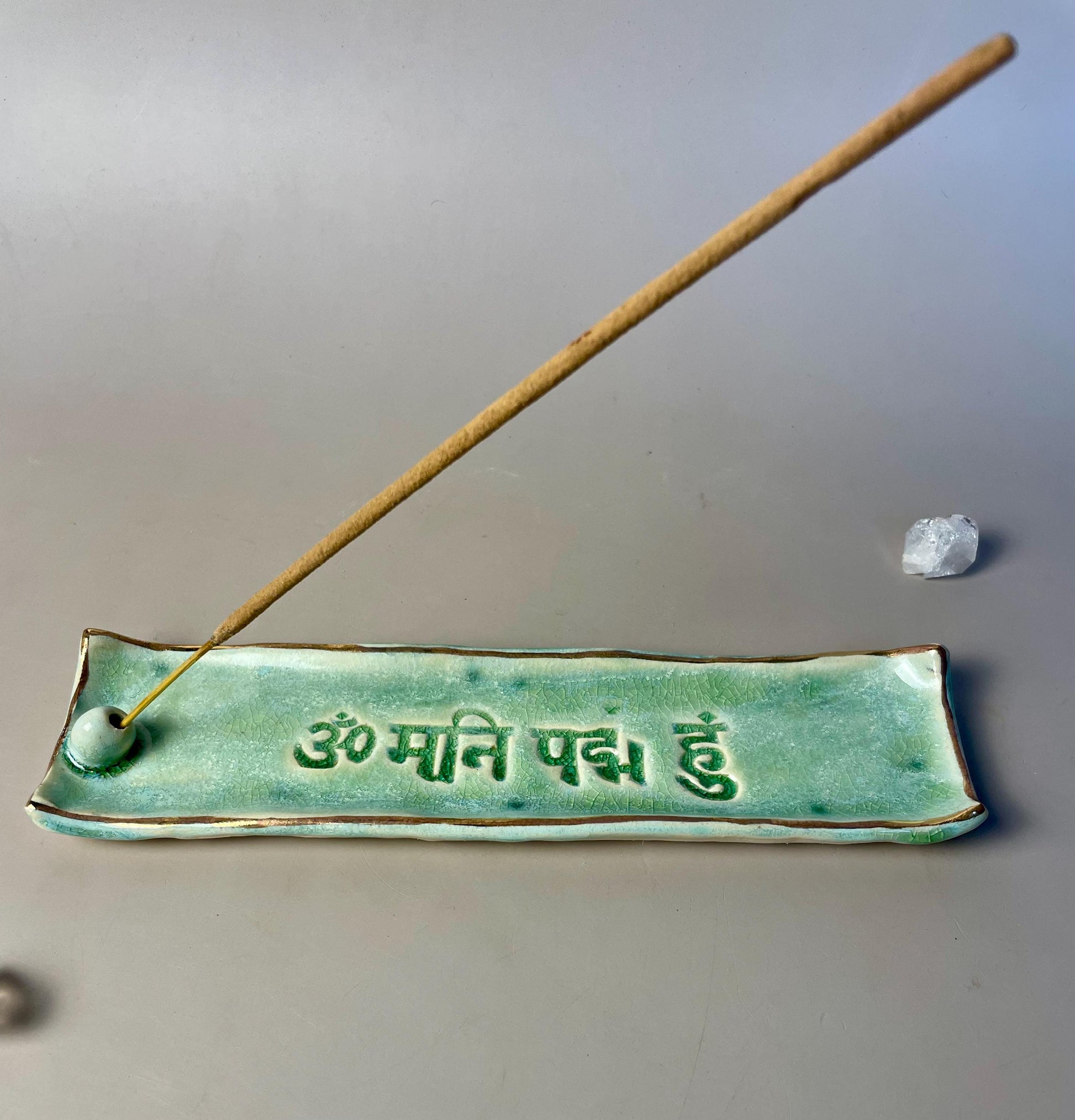 Handmade Om Mani Padme Hum green Ceramic Incense Holder
