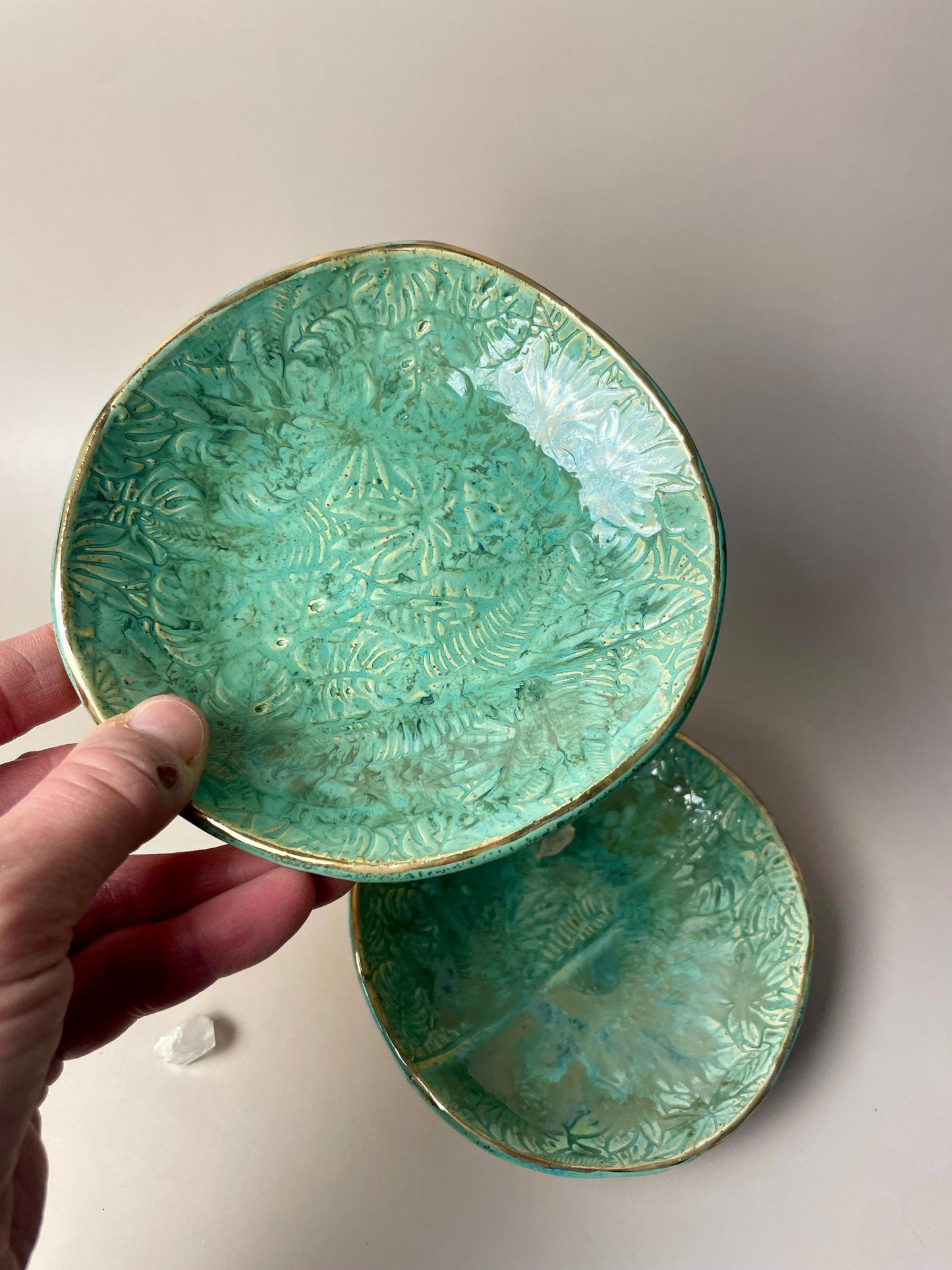 Handmade Monstera Leaf Ceramic BowlSmudge Bowl, Altar Dish, Food-Safe Catch-All Bowl with Gold Luster