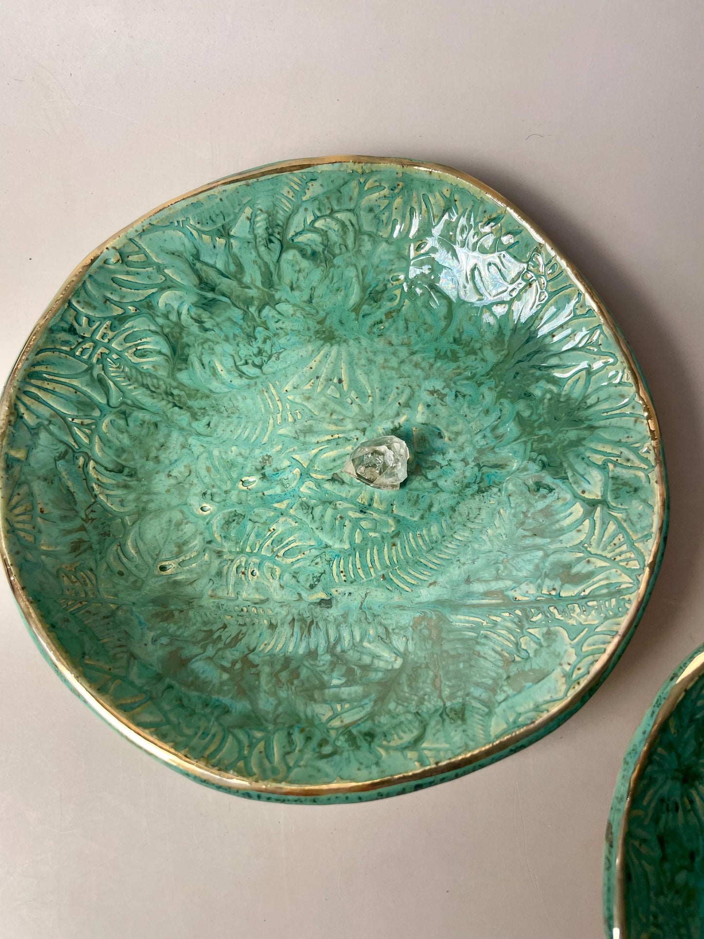 Handmade Monstera Leaf Ceramic BowlSmudge Bowl, Altar Dish, Food-Safe Catch-All Bowl with Gold Luster