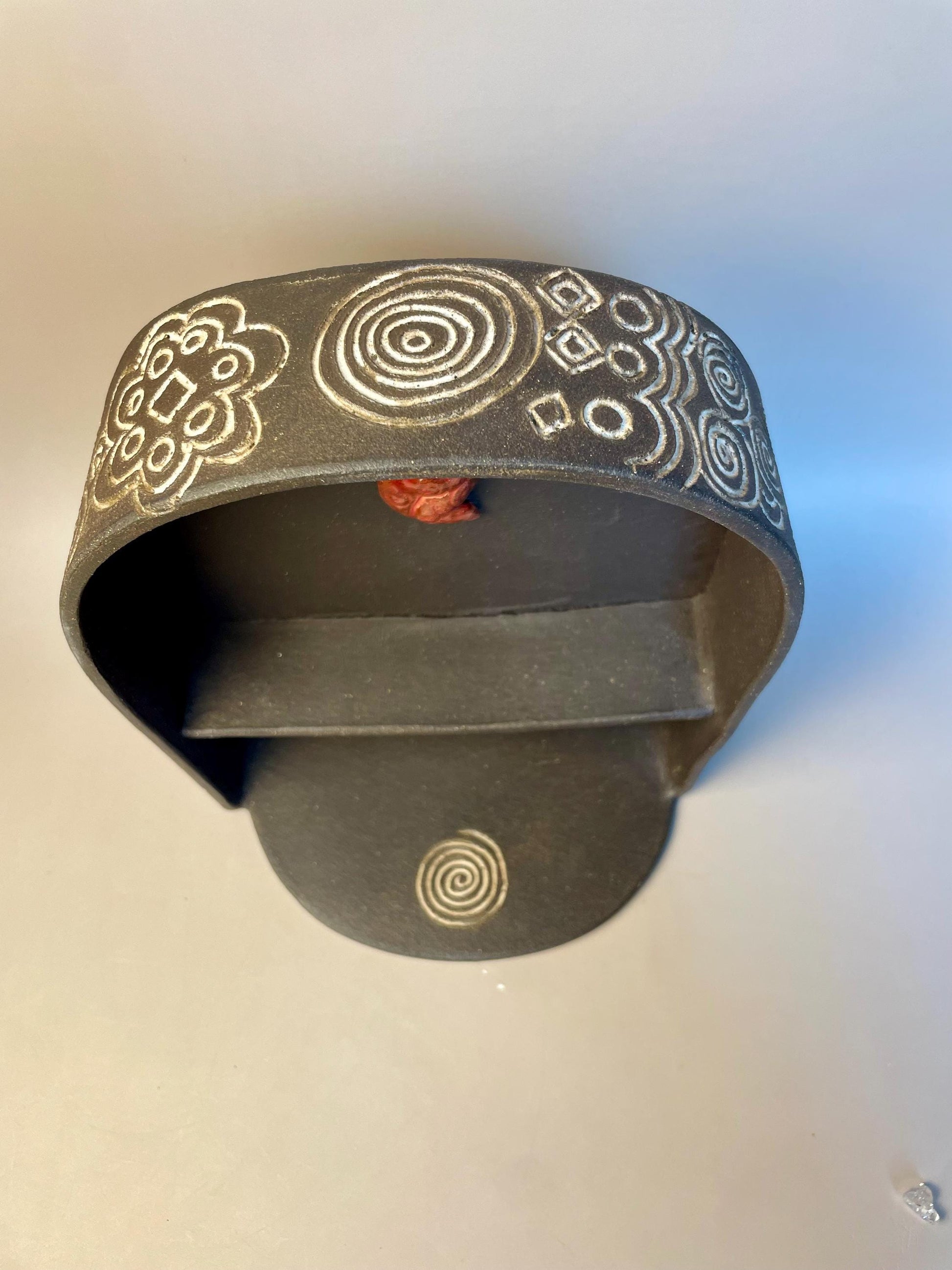 Neolithic-Inspired Clay Altar Shelf – Dark Brown with Red Goddess & Dark Moon