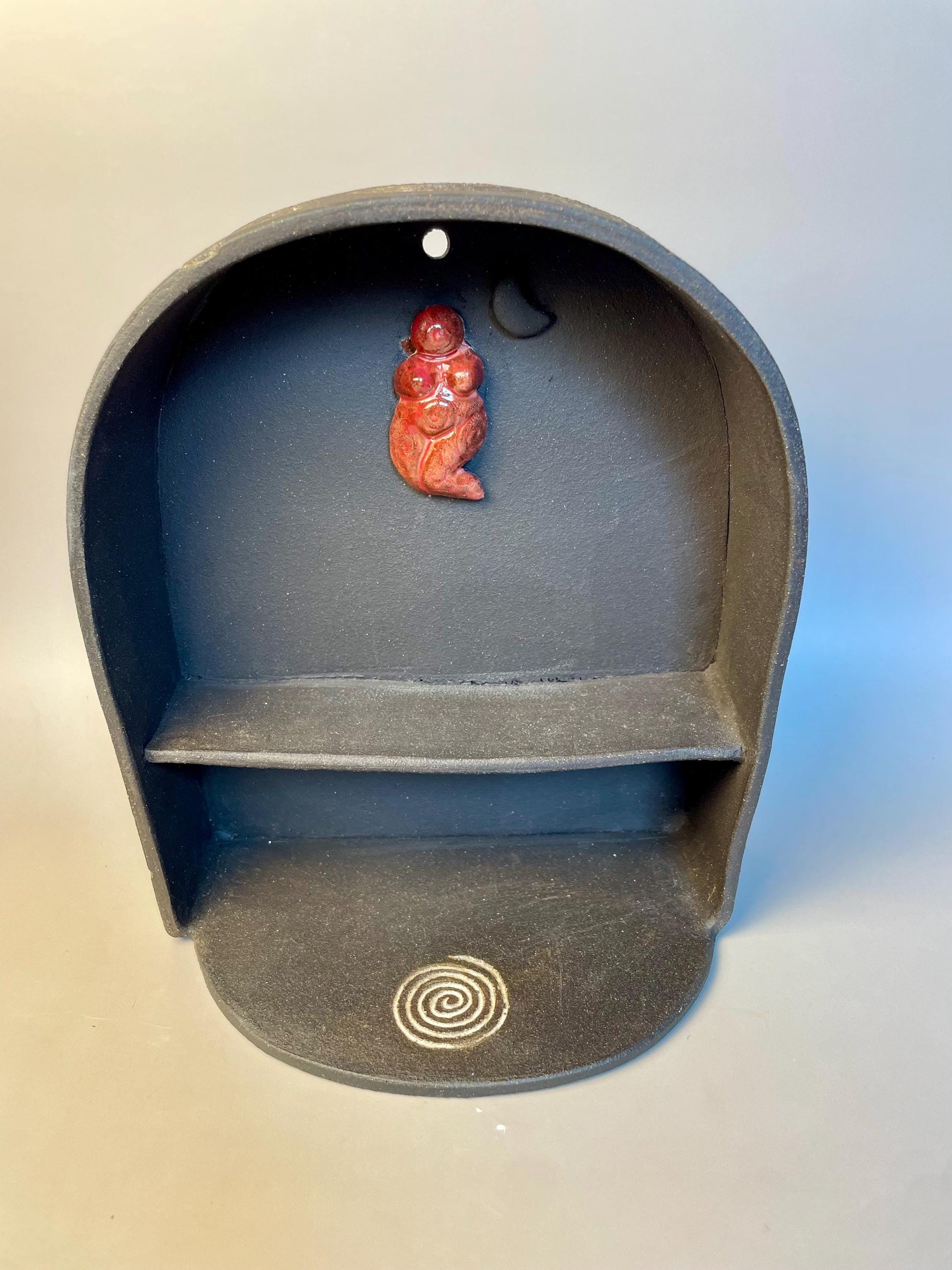 Neolithic-Inspired Clay Altar Shelf – Dark Brown with Red Goddess & Dark Moon