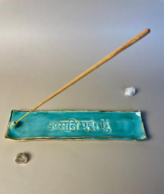 Handmade ceramic Om Mani Padme Hum green turquoise with gold Incense Holder