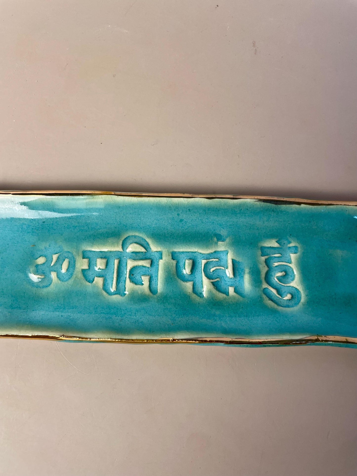Handmade ceramic Om Mani Padme Hum green turquoise with gold Incense Holder