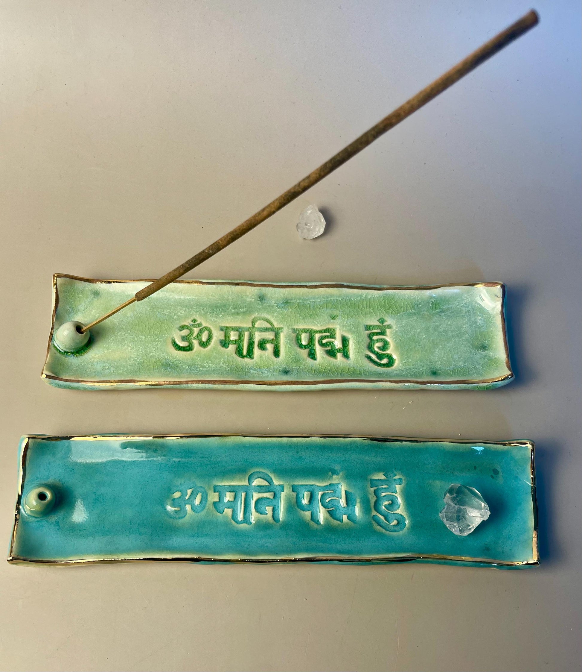 Handmade Om Mani Padme Hum green Ceramic Incense Holder