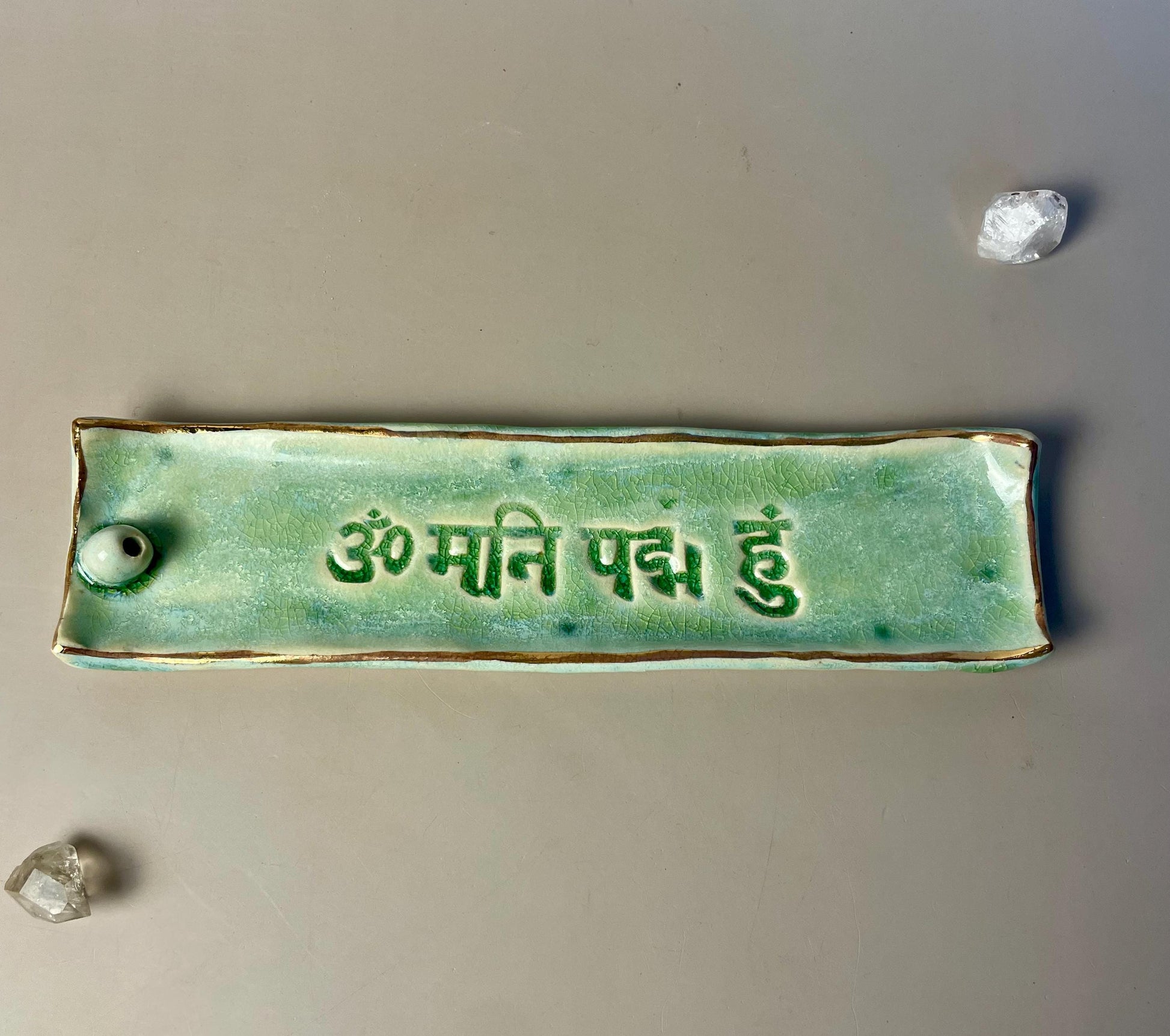 Handmade Om Mani Padme Hum green Ceramic Incense Holder
