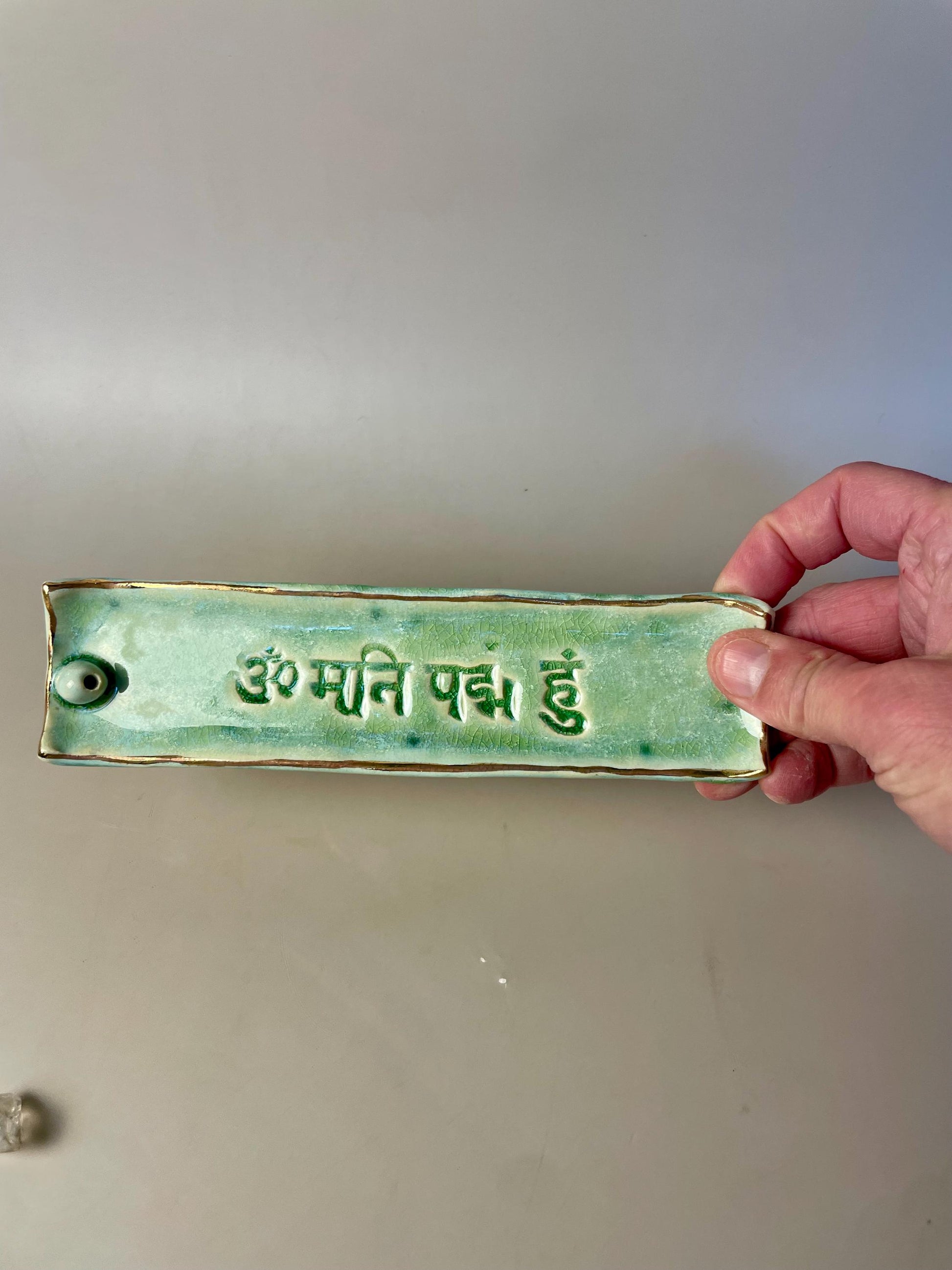 Handmade Om Mani Padme Hum green Ceramic Incense Holder