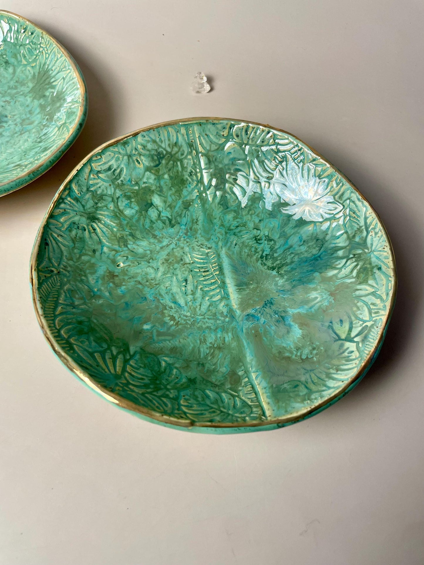Handmade Monstera Leaf Ceramic BowlSmudge Bowl, Altar Dish, Food-Safe Catch-All Bowl with Gold Luster