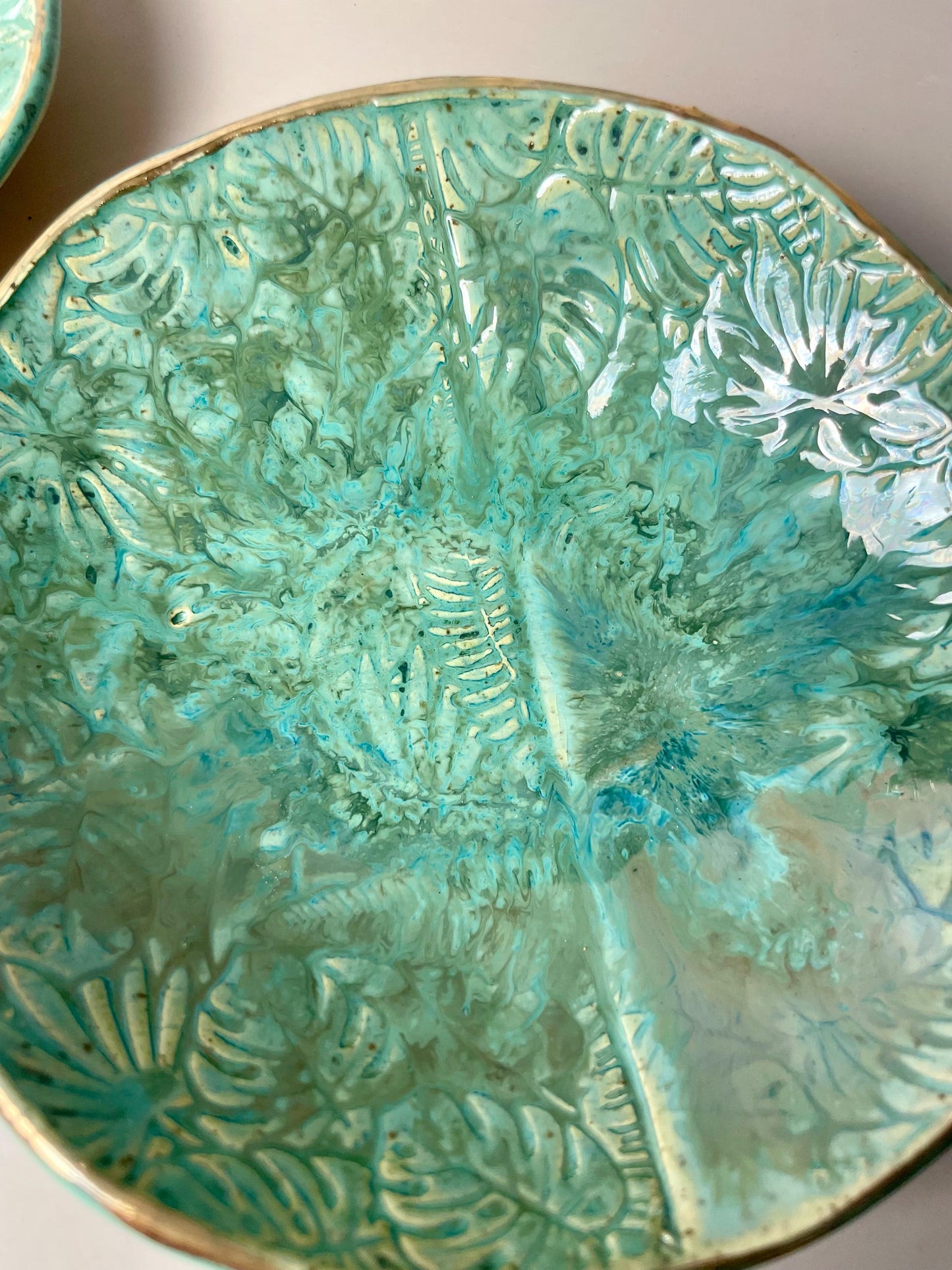 Handmade Monstera Leaf Ceramic BowlSmudge Bowl, Altar Dish, Food-Safe Catch-All Bowl with Gold Luster