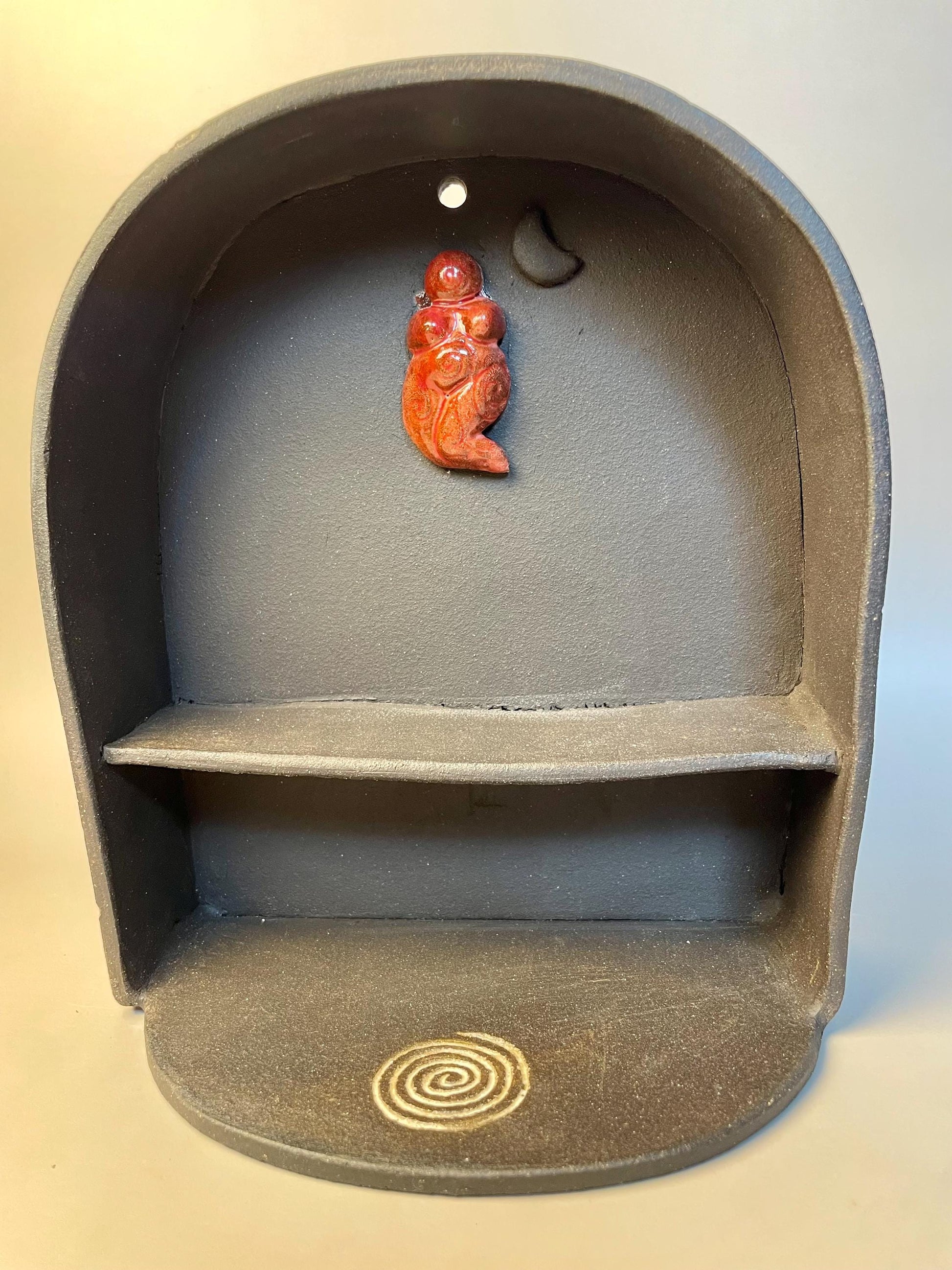 Neolithic-Inspired Clay Altar Shelf – Dark Brown with Red Goddess & Dark Moon