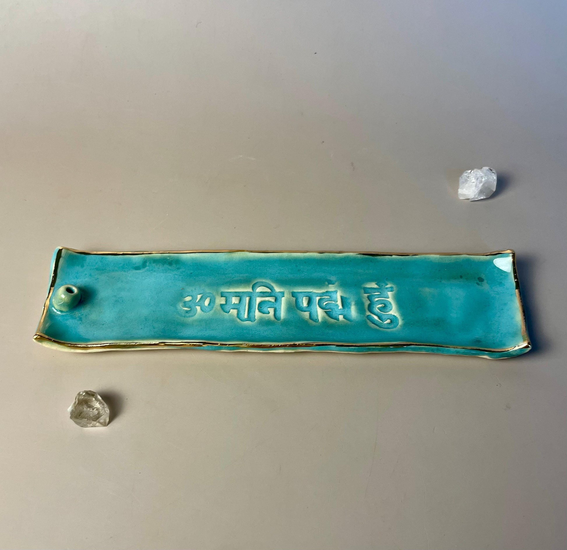 Handmade ceramic Om Mani Padme Hum green turquoise with gold Incense Holder