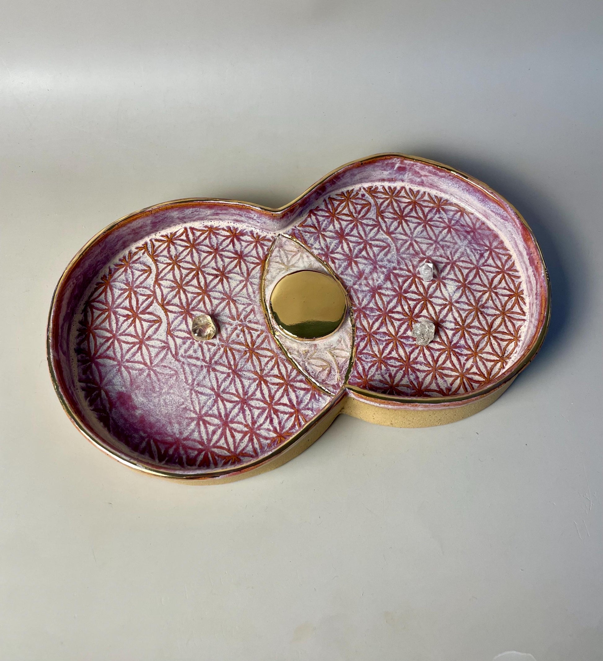 Vesica Piscis Handmade Ceramic Ritual Dish with Flower of Life Imprint – Gold with Lavender and Raspberry