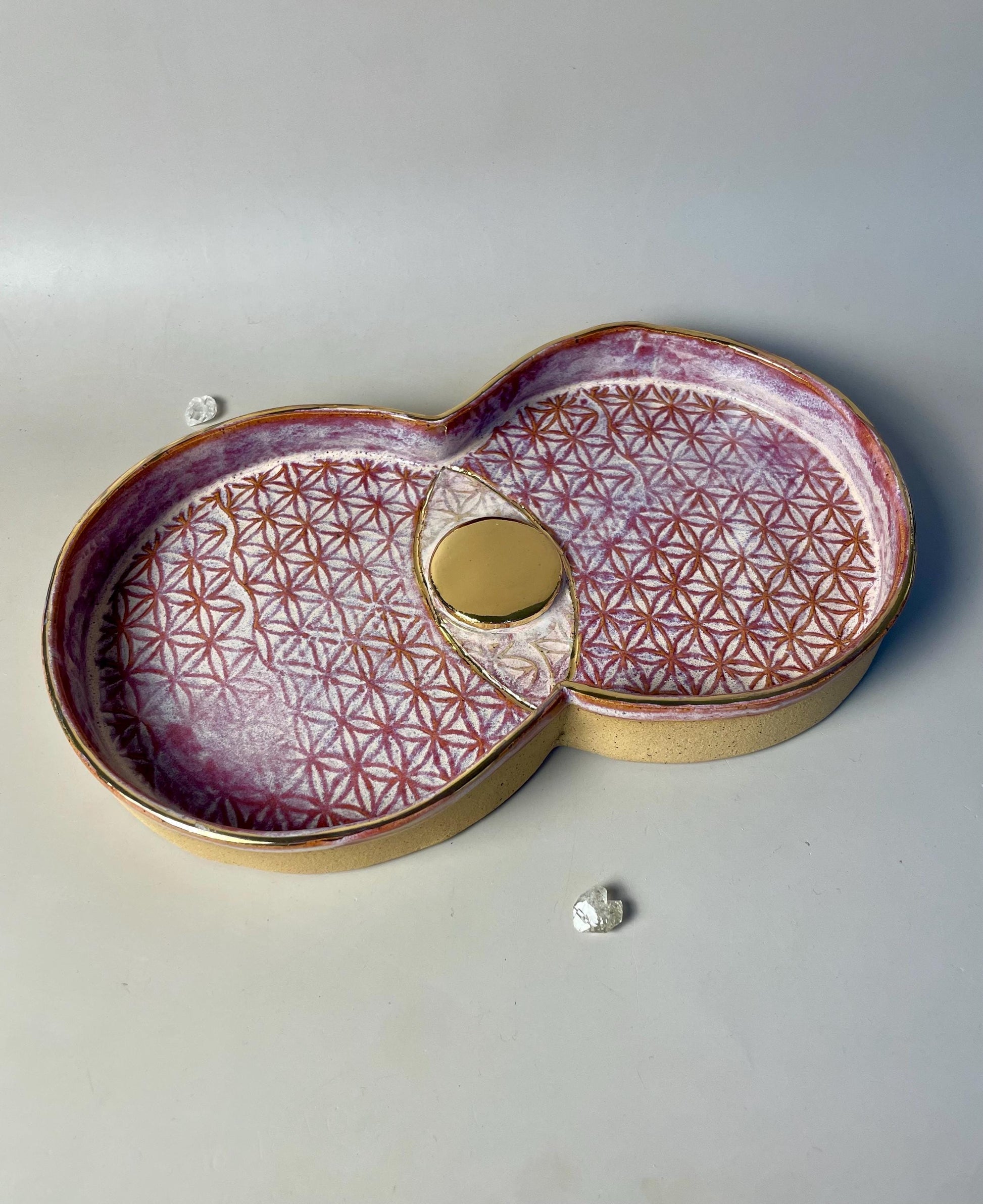 Vesica Piscis Handmade Ceramic Ritual Dish with Flower of Life Imprint – Gold with Lavender and Raspberry