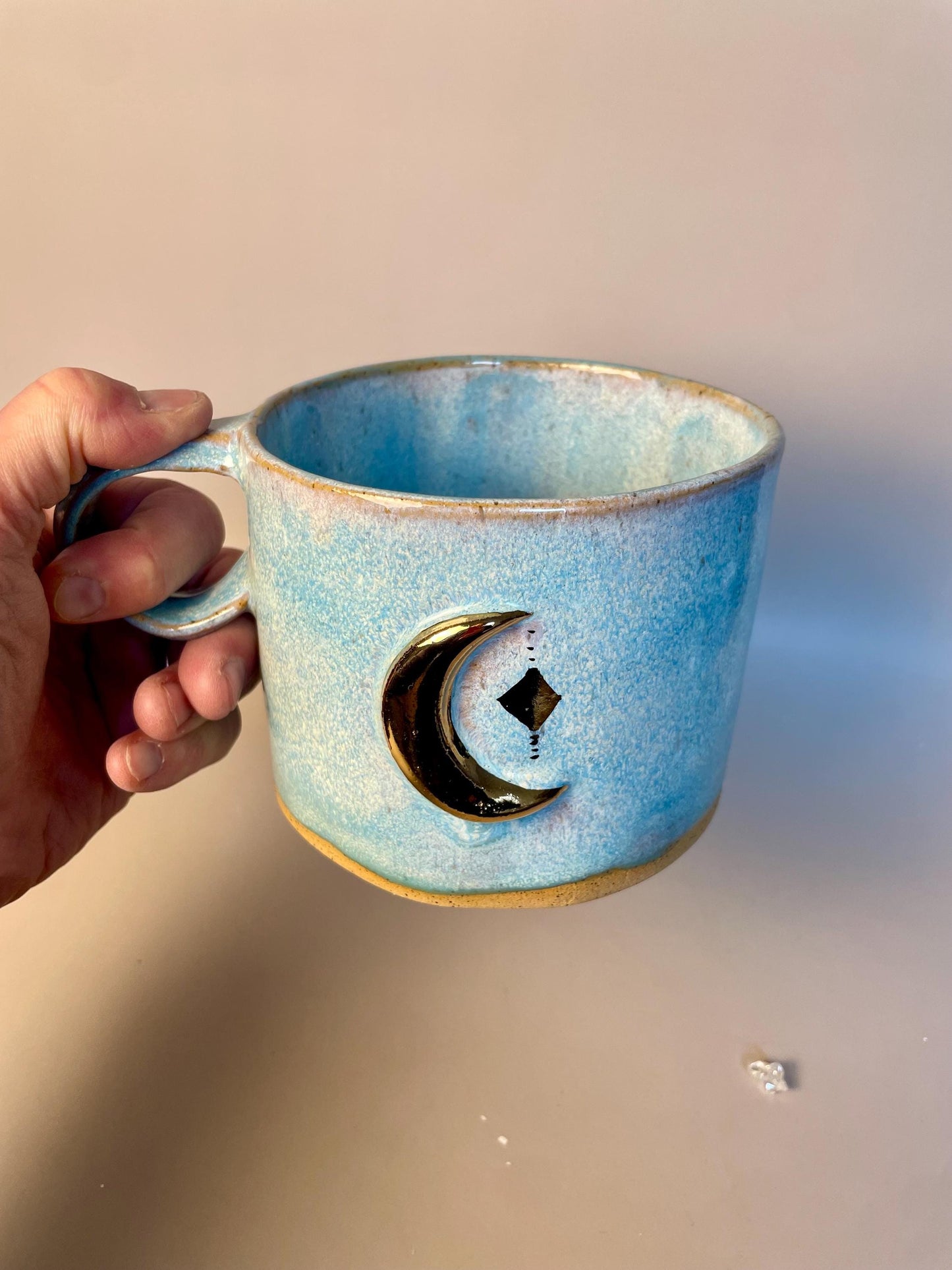 Handmade extra large light blue gold moon mug
