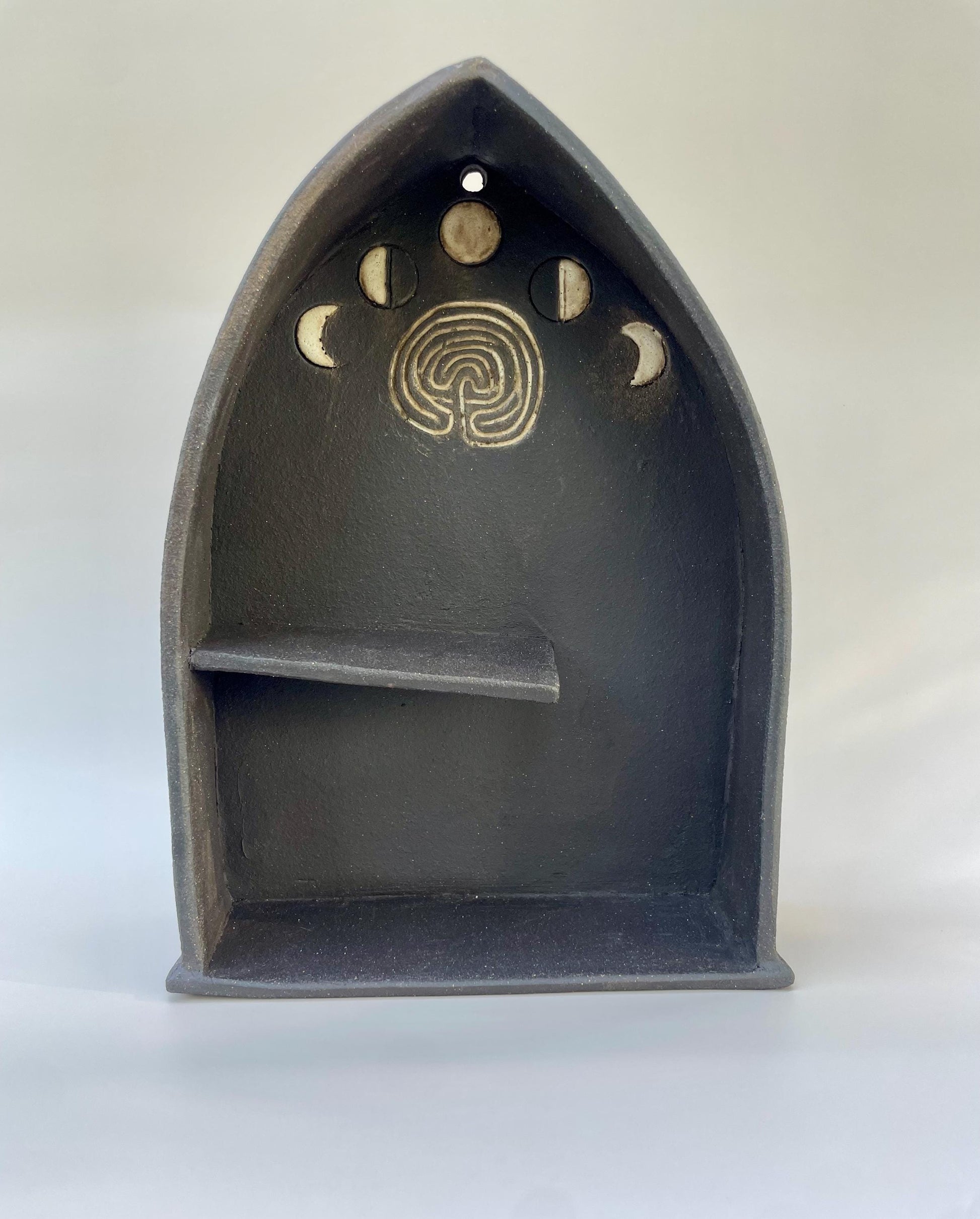 Handmade ceramic Labyrinth and moon phase dark altar shelf with Avalon inspired carvings