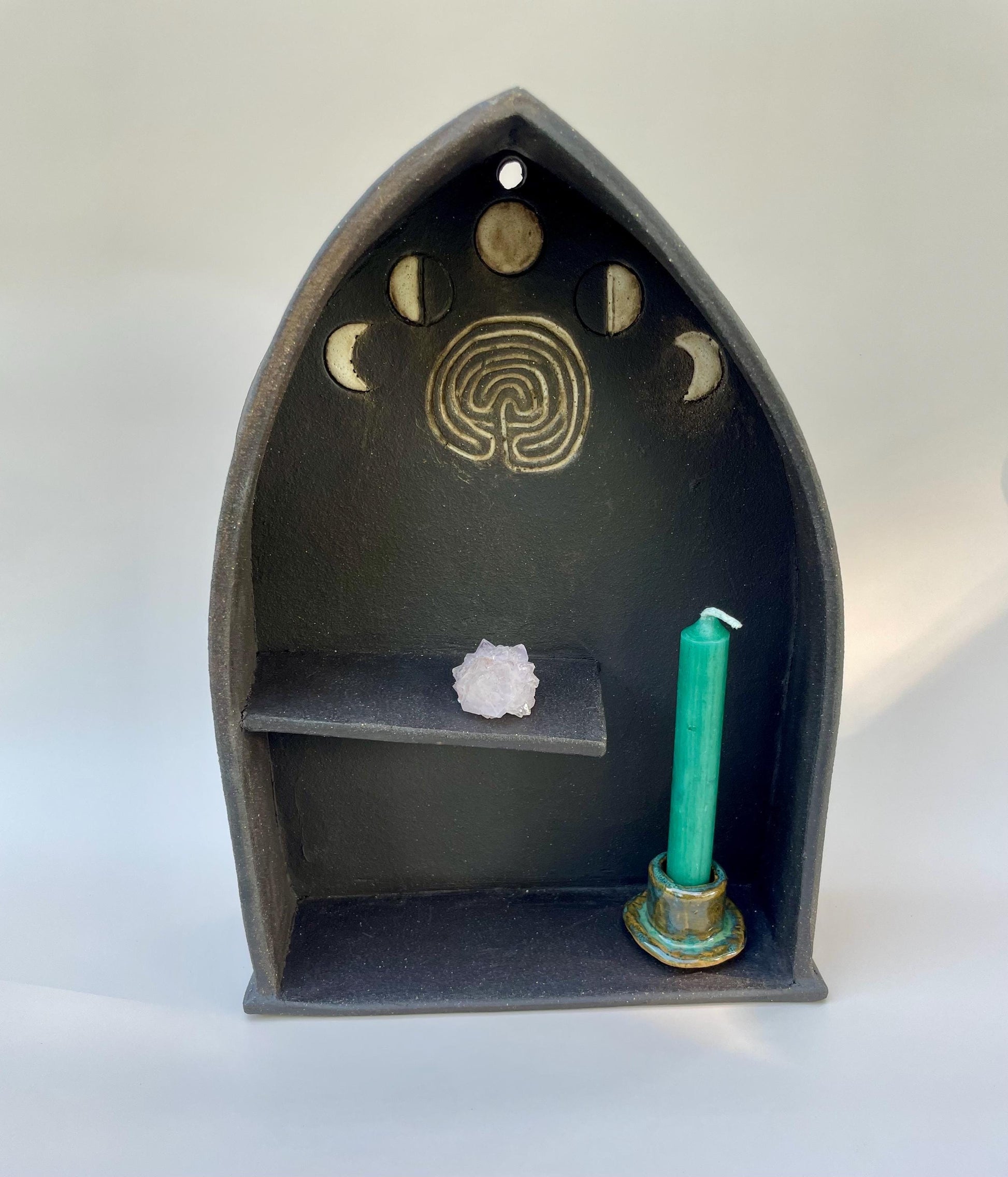 Handmade ceramic Labyrinth and moon phase dark altar shelf with Avalon inspired carvings