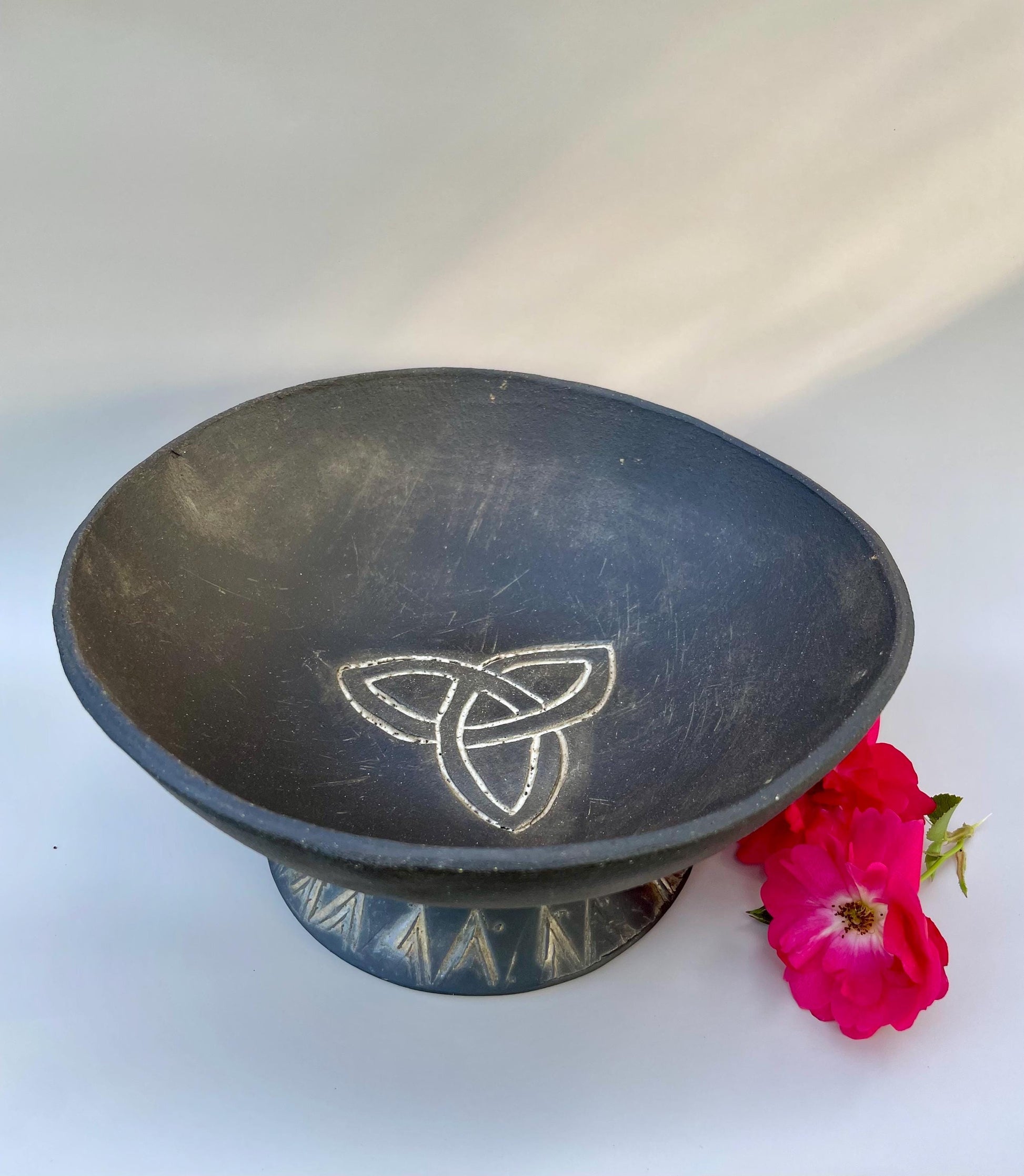 Avalon inspired handmade ceramic pedestal bowl with triquetra