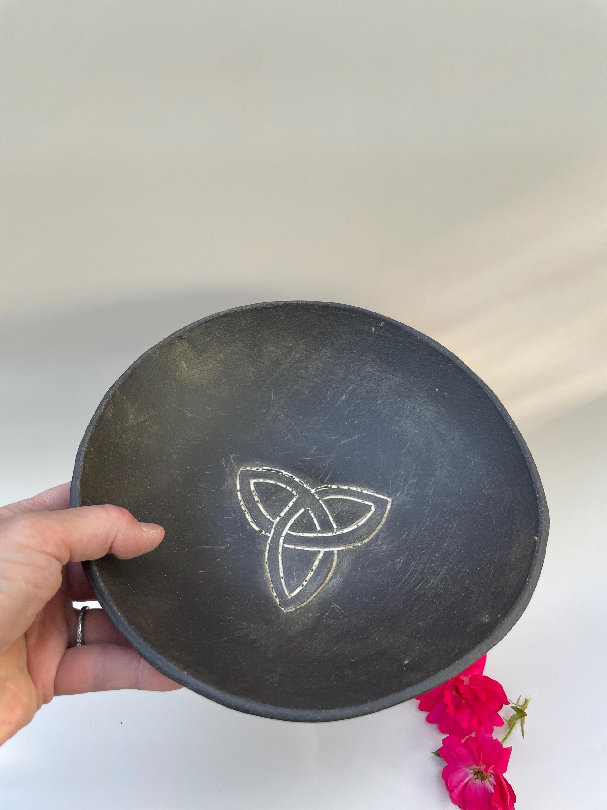 Avalon inspired handmade ceramic pedestal bowl with triquetra
