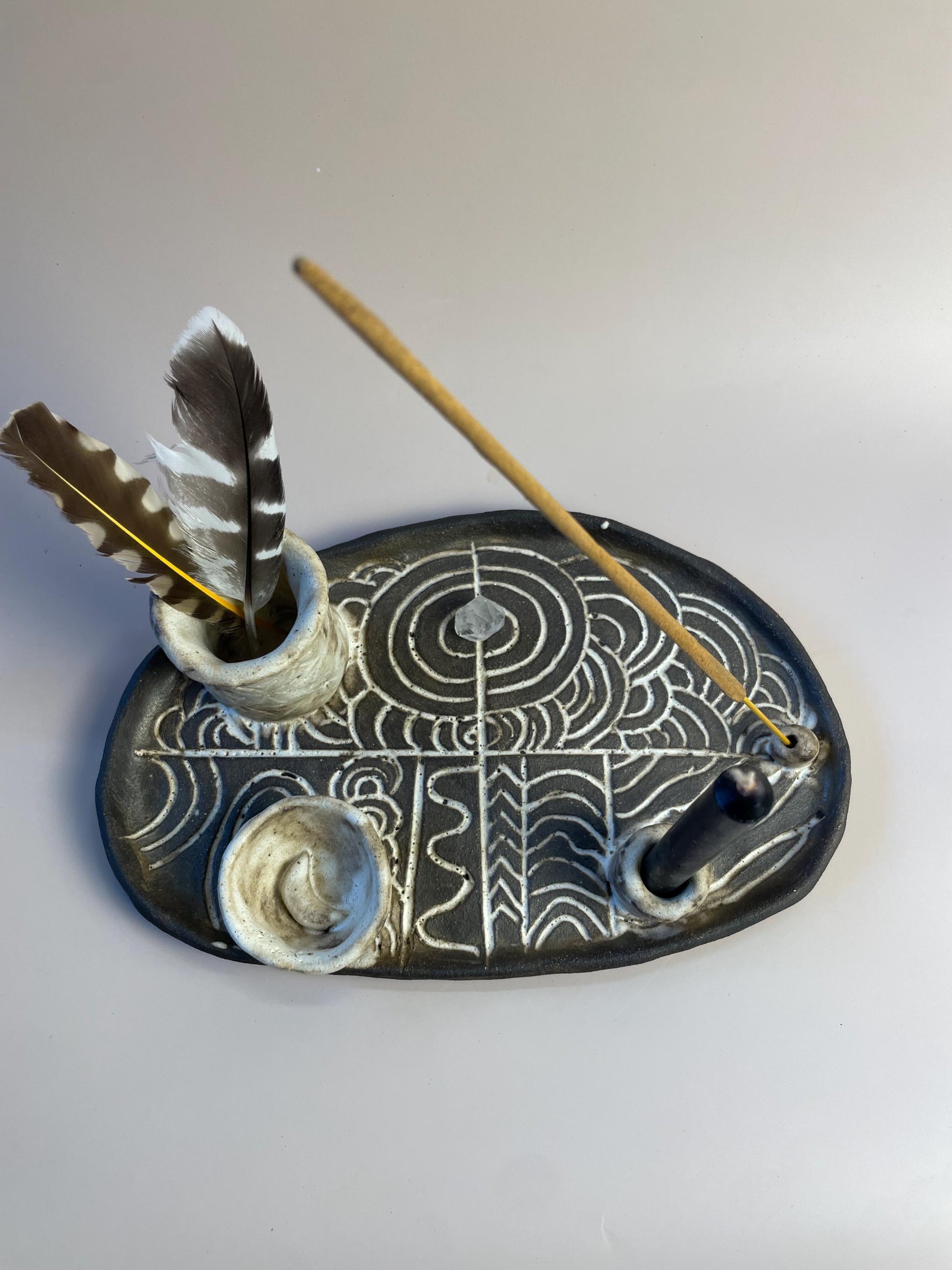 Handmade ceramic four element ritual dish with Megalithic carvings