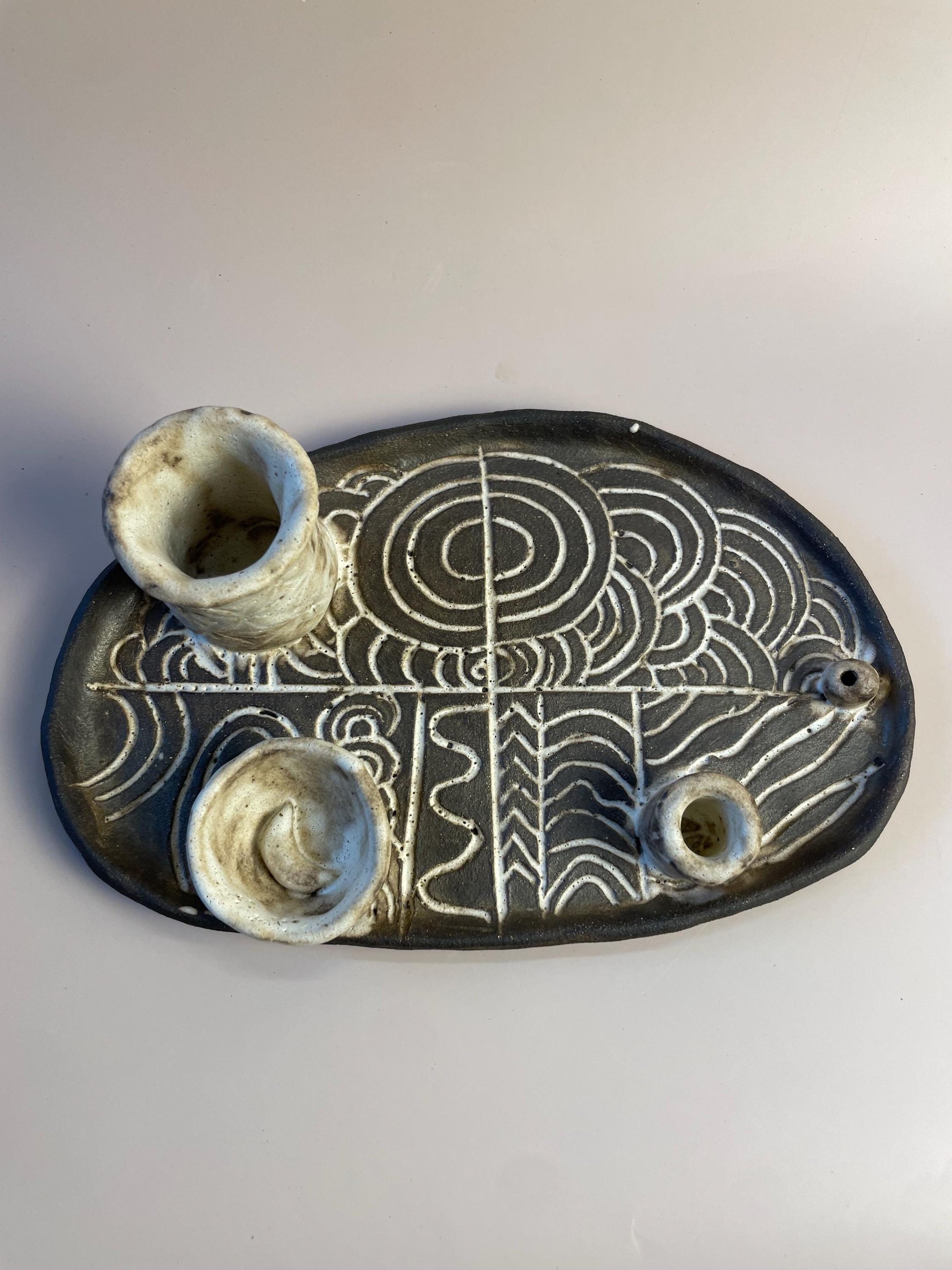 Handmade ceramic four element ritual dish with Megalithic carvings