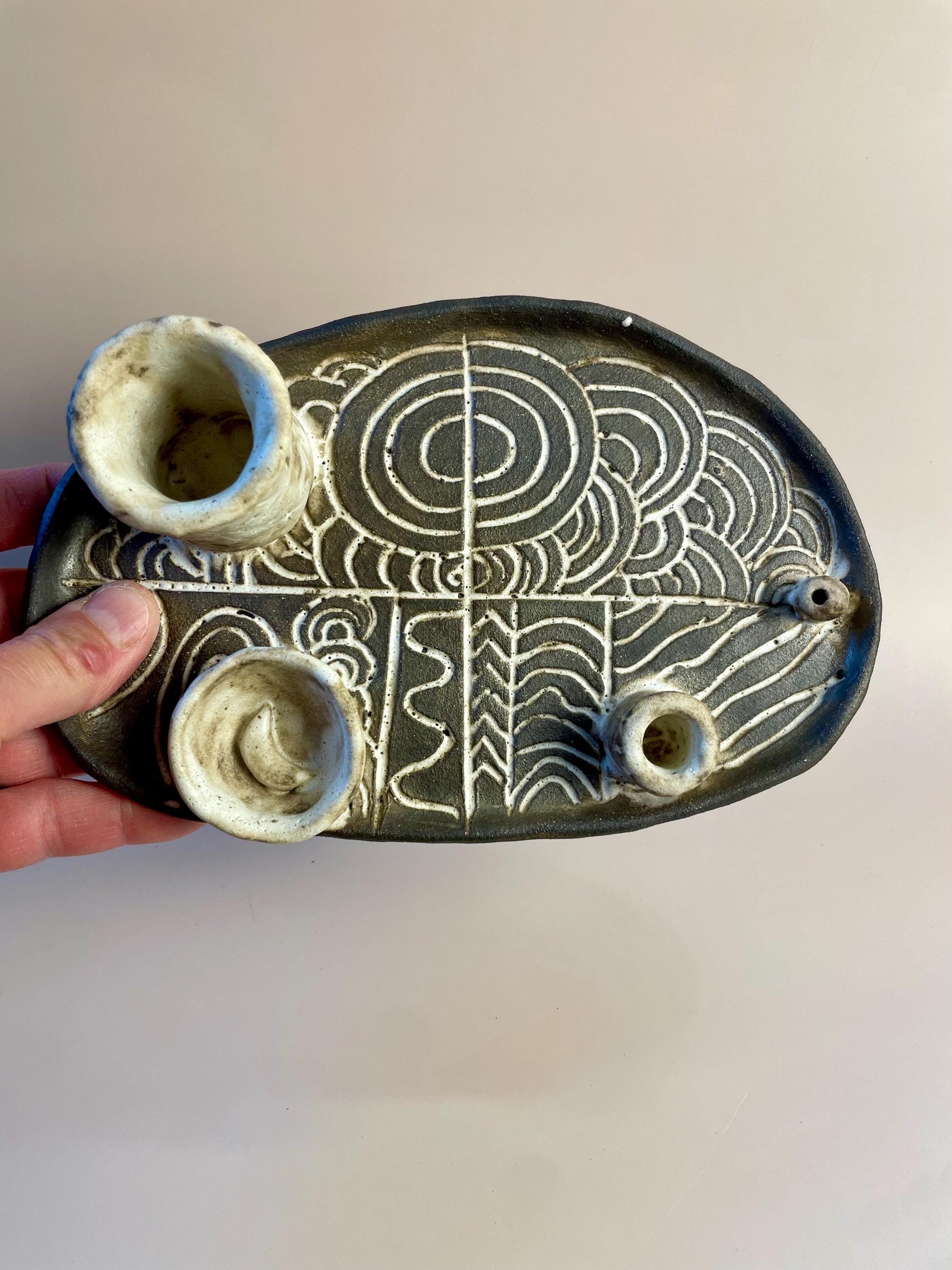Handmade ceramic four element ritual dish with Megalithic carvings