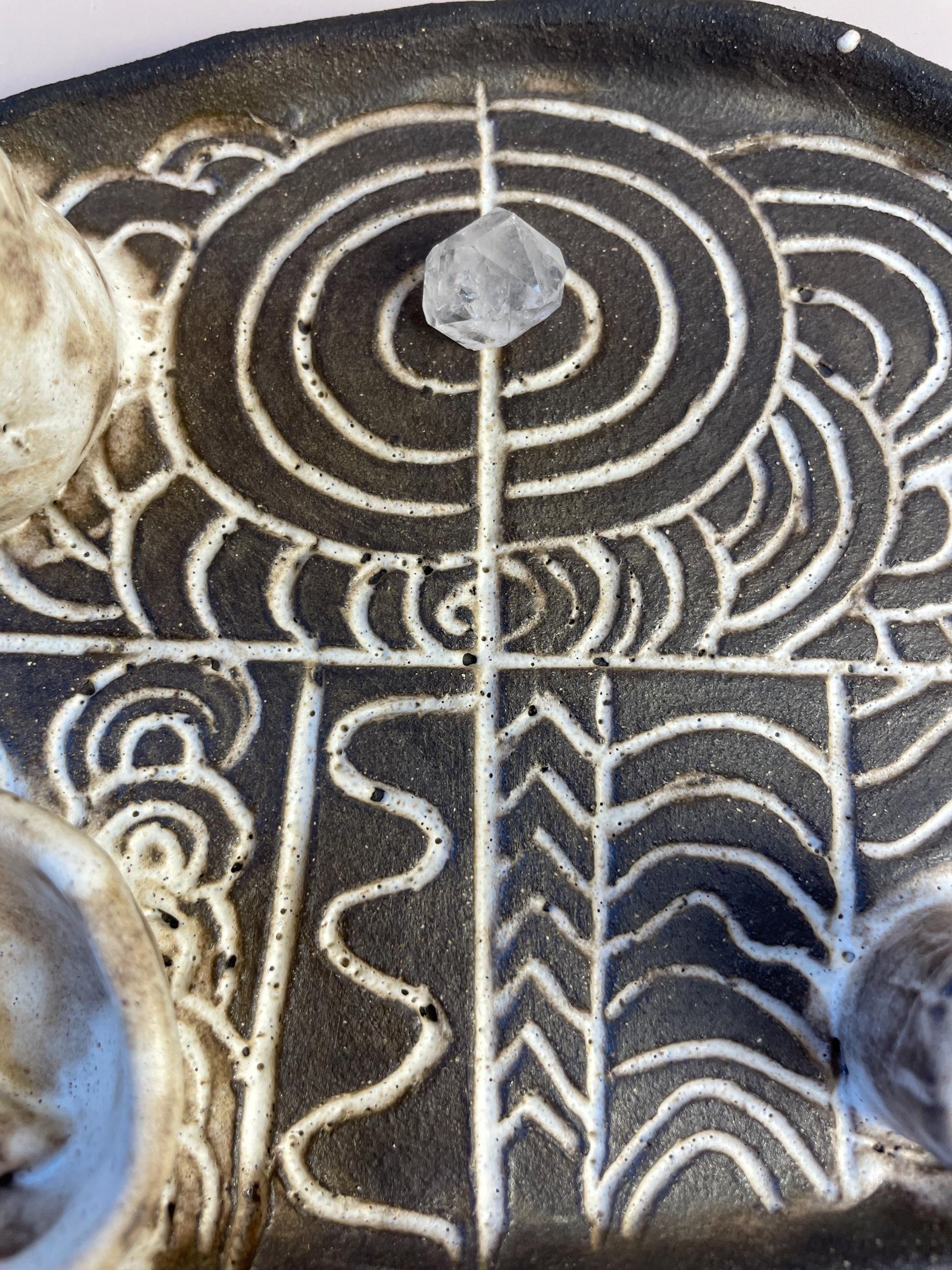 Handmade ceramic four element ritual dish with Megalithic carvings