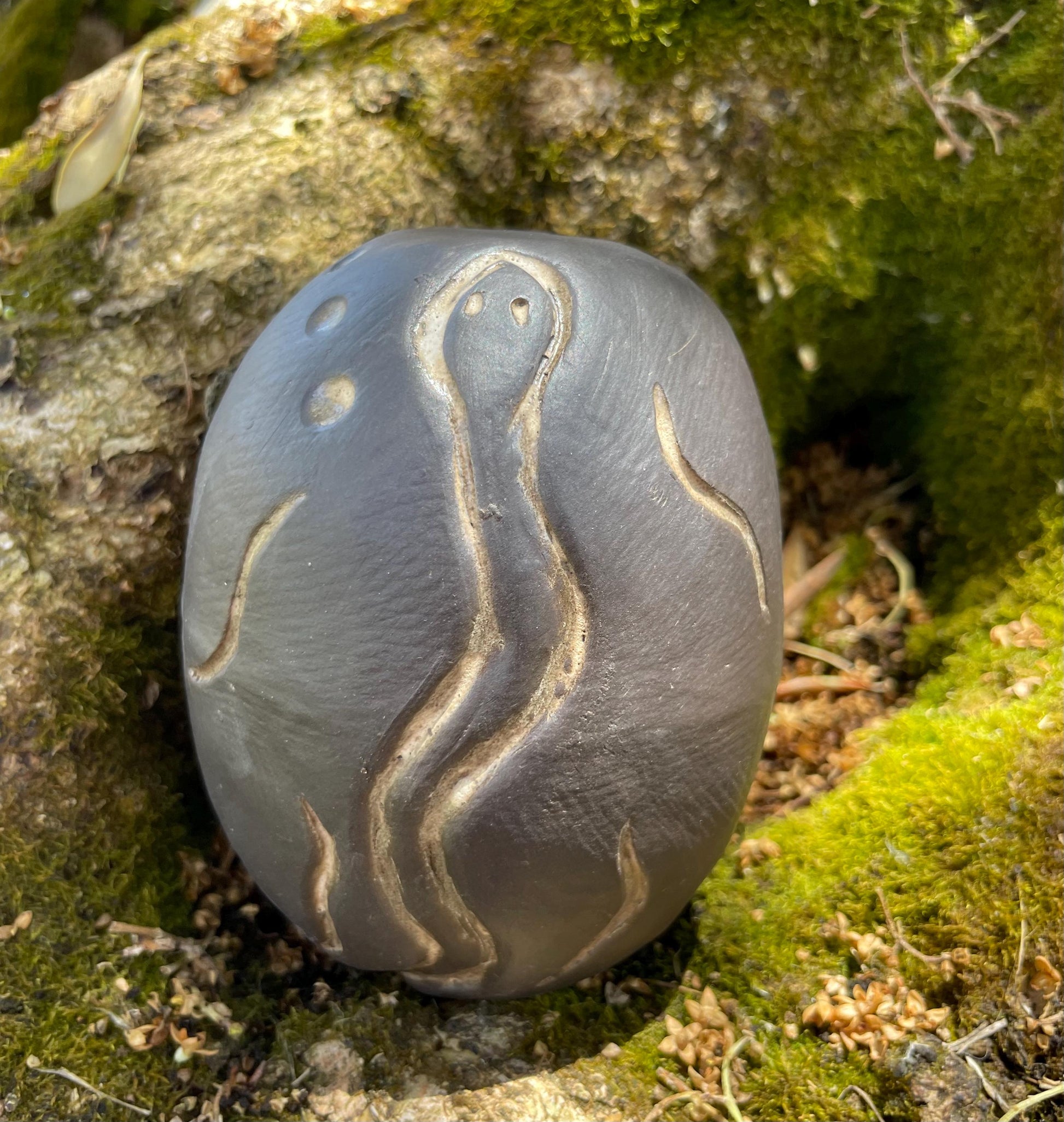 Handmade ceramic carved clay vulture and snake shamanic rattle