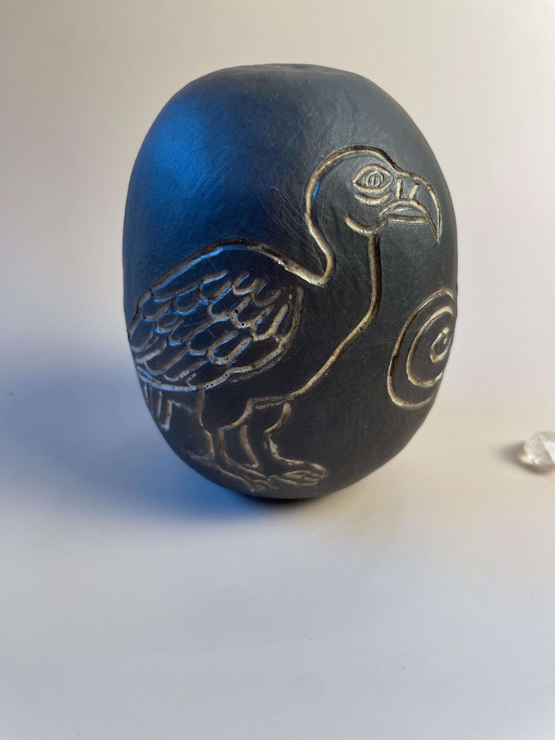 Handmade ceramic carved clay vulture and snake shamanic rattle