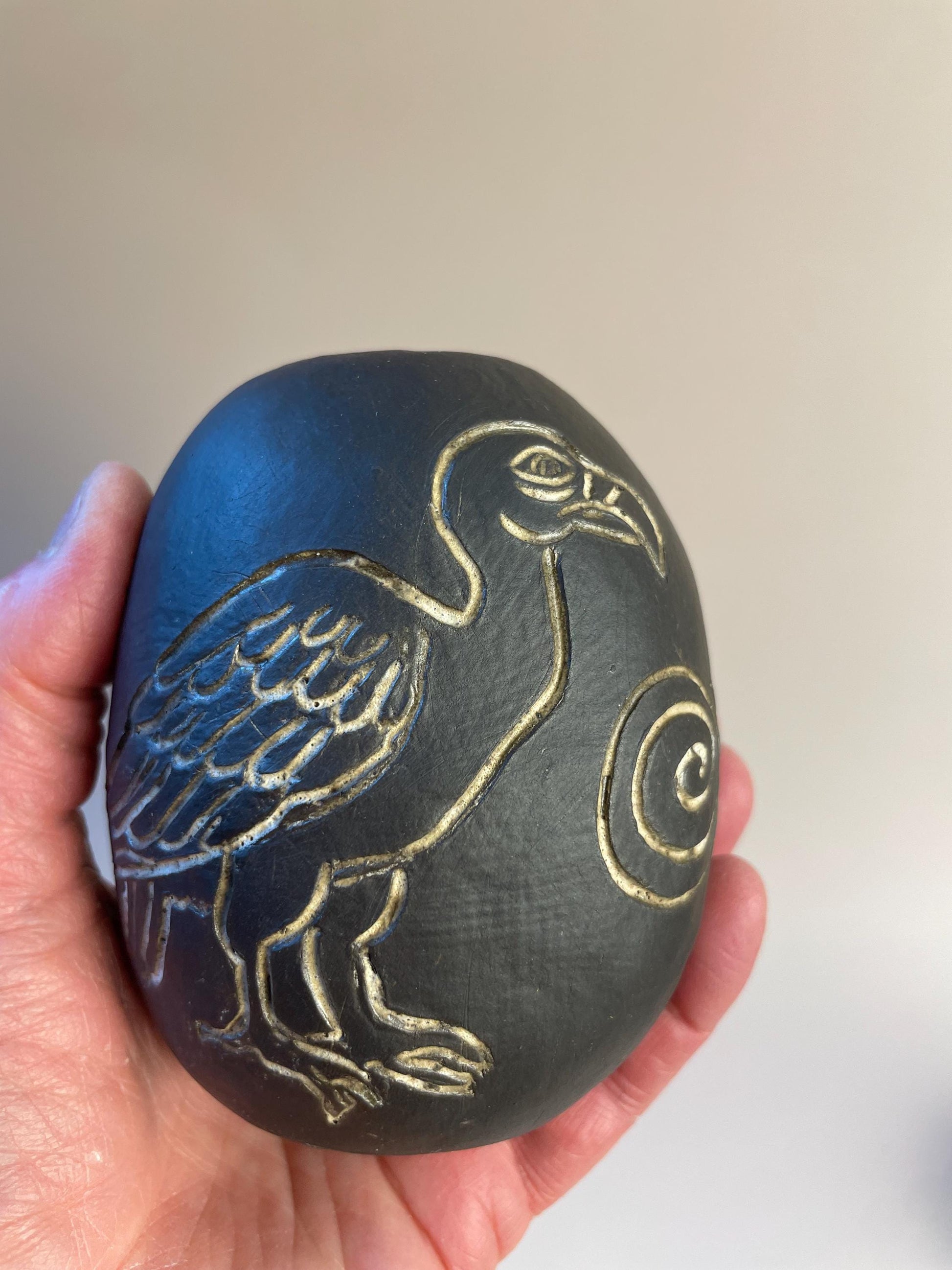 Handmade ceramic carved clay vulture and snake shamanic rattle