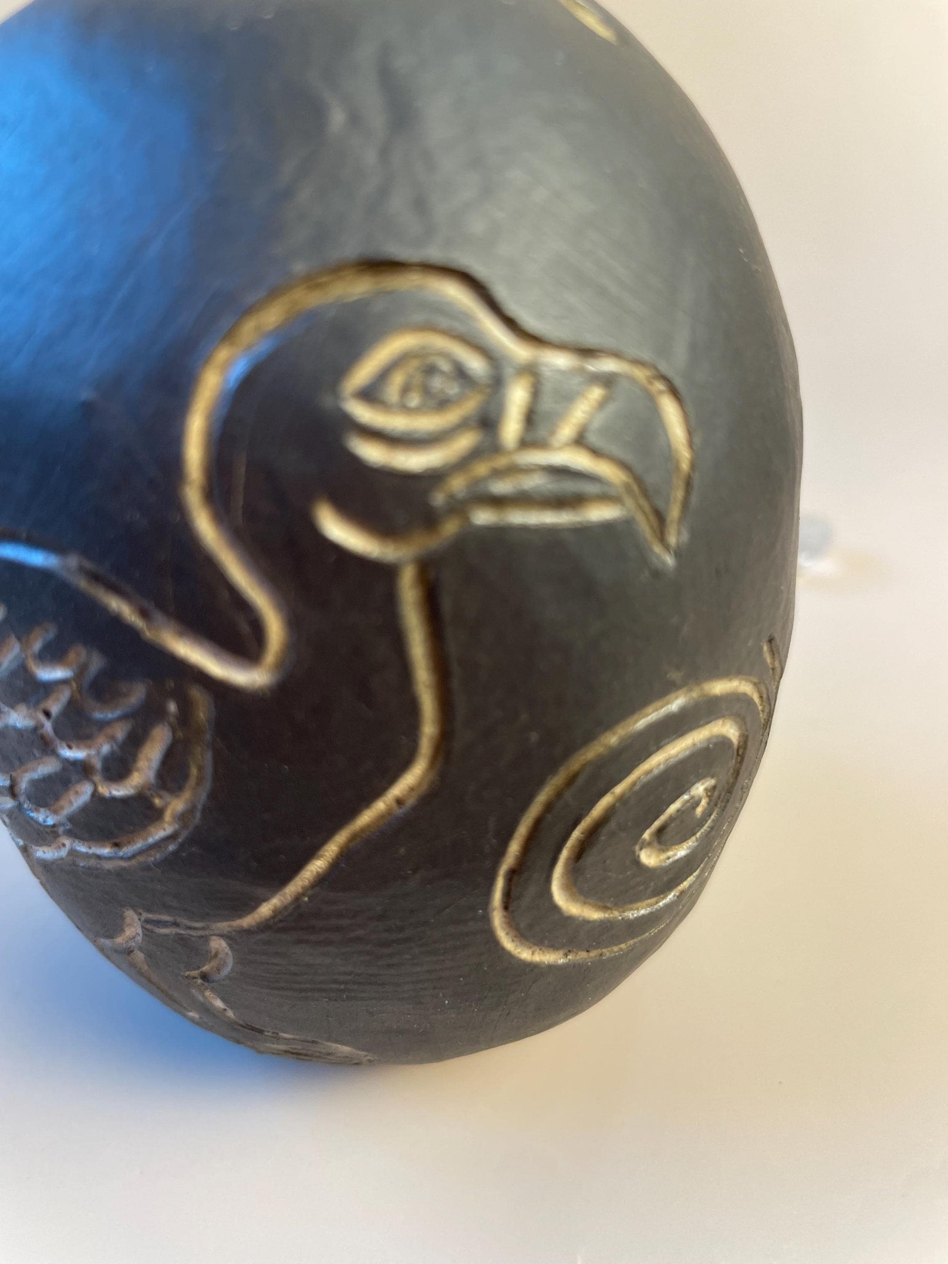 Handmade ceramic carved clay vulture and snake shamanic rattle