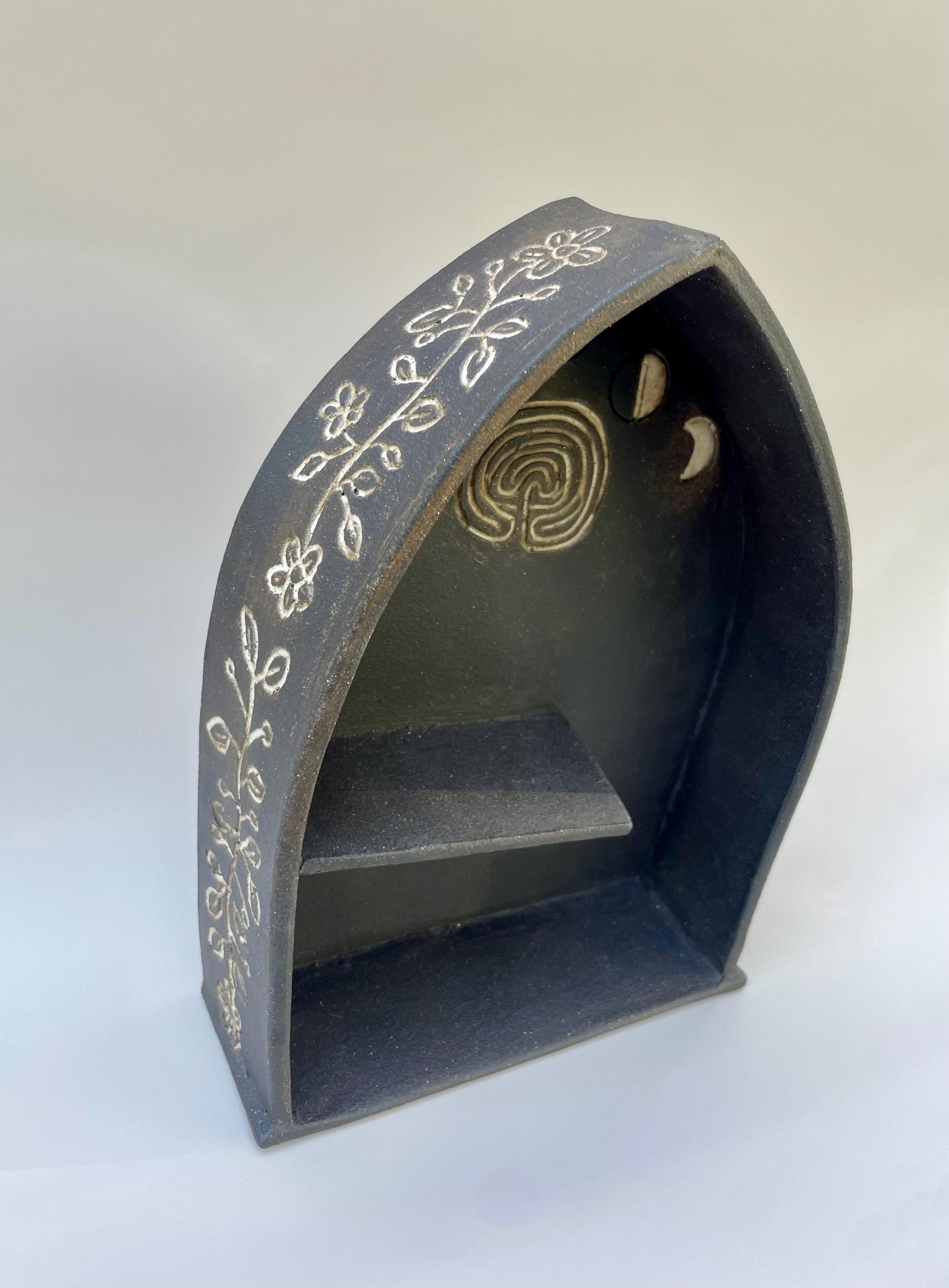Handmade ceramic Labyrinth and moon phase dark altar shelf with Avalon inspired carvings