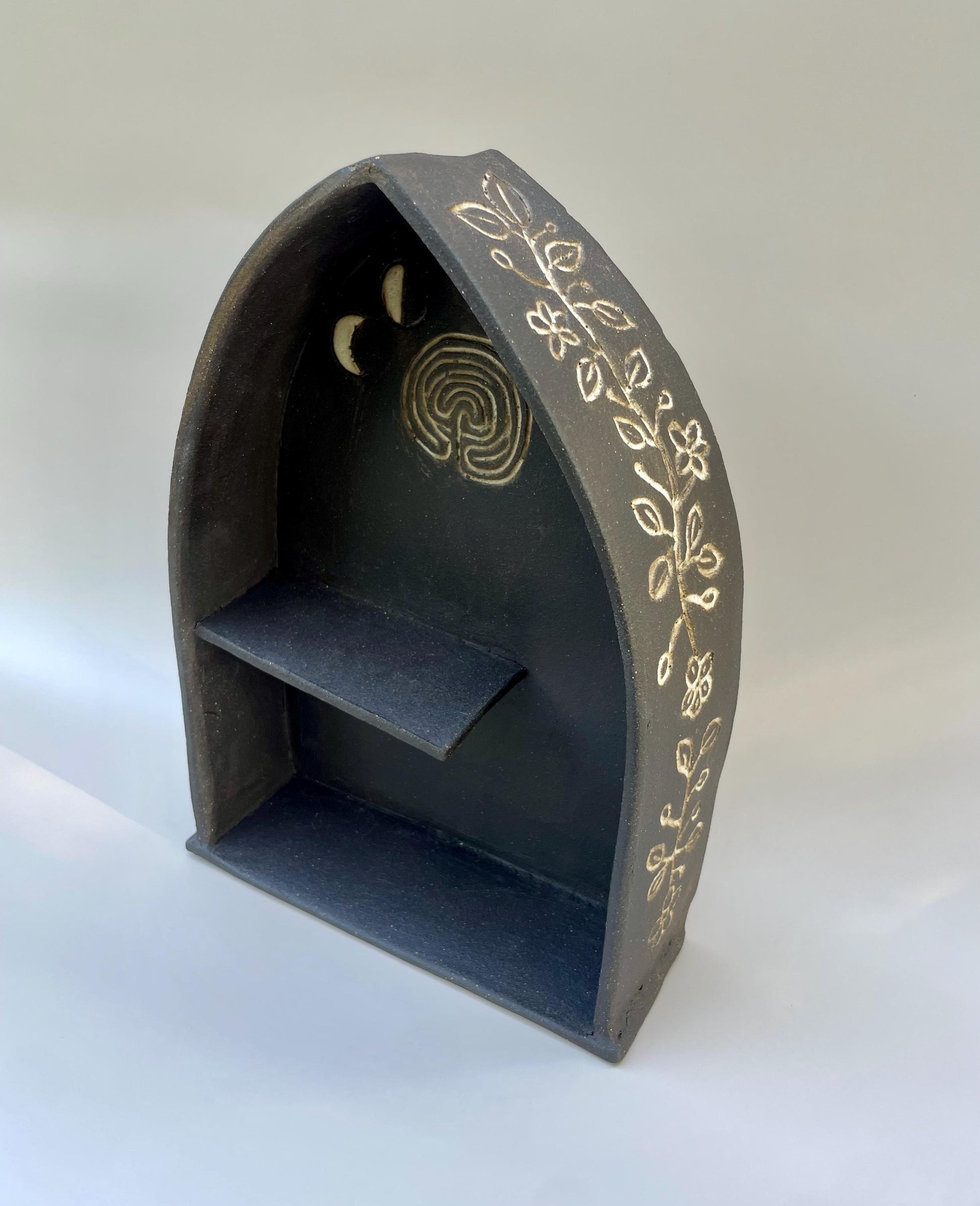 Handmade ceramic Labyrinth and moon phase dark altar shelf with Avalon inspired carvings