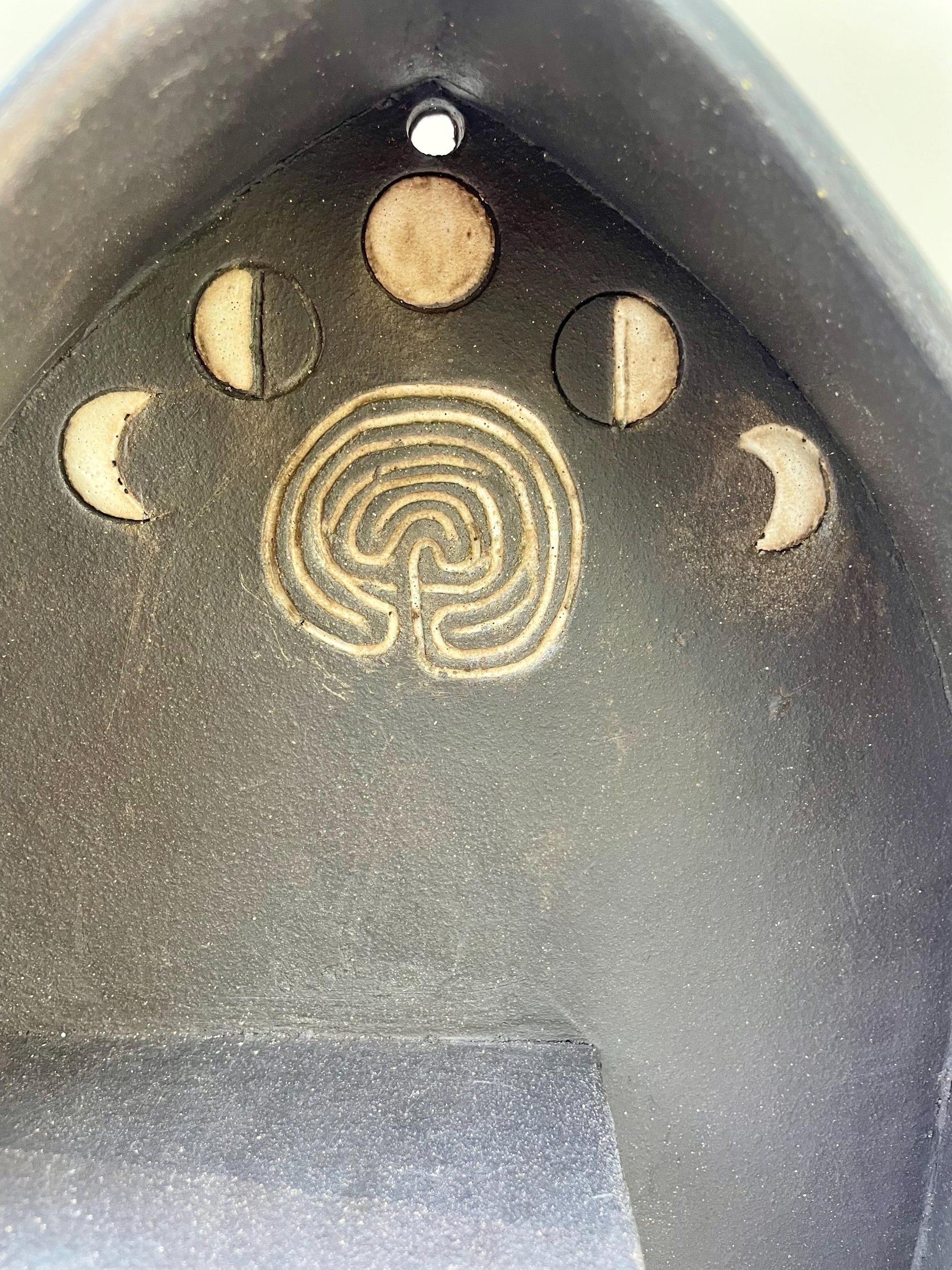 Handmade ceramic Labyrinth and moon phase dark altar shelf with Avalon inspired carvings
