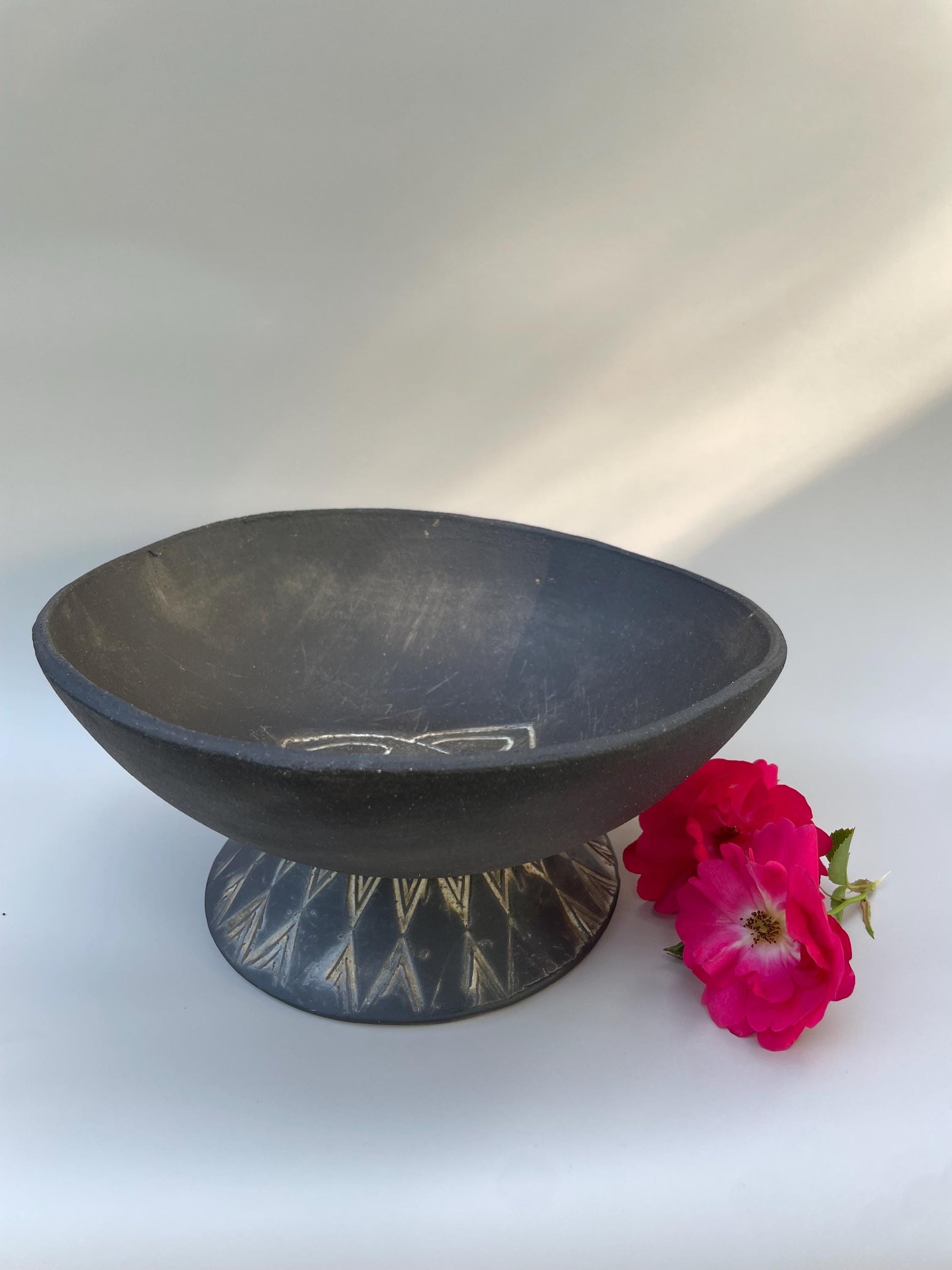 Avalon inspired handmade ceramic pedestal bowl with triquetra