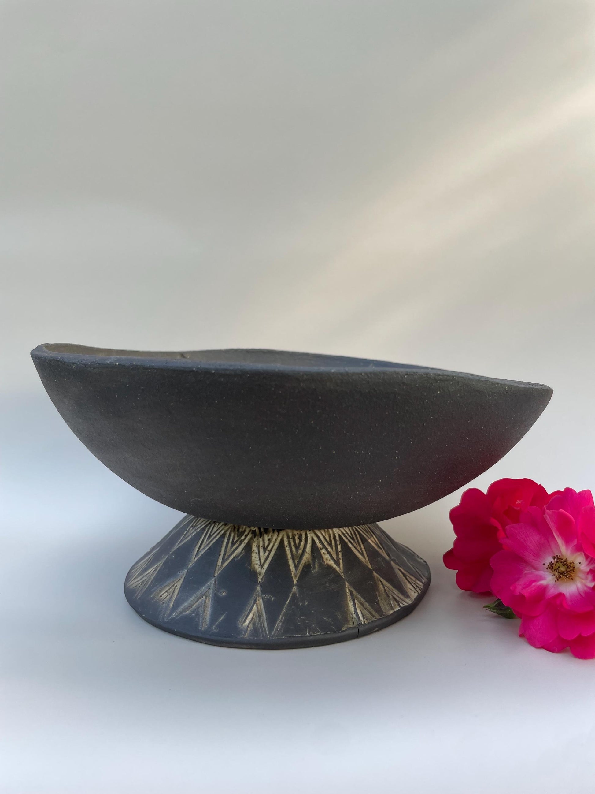 Avalon inspired handmade ceramic pedestal bowl with triquetra